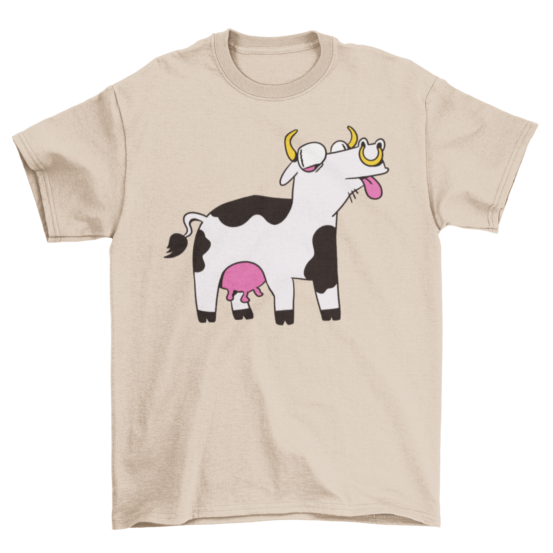 A colorful cartoon-style t-shirt featuring a funny crazy cow design, perfect for casual wear.