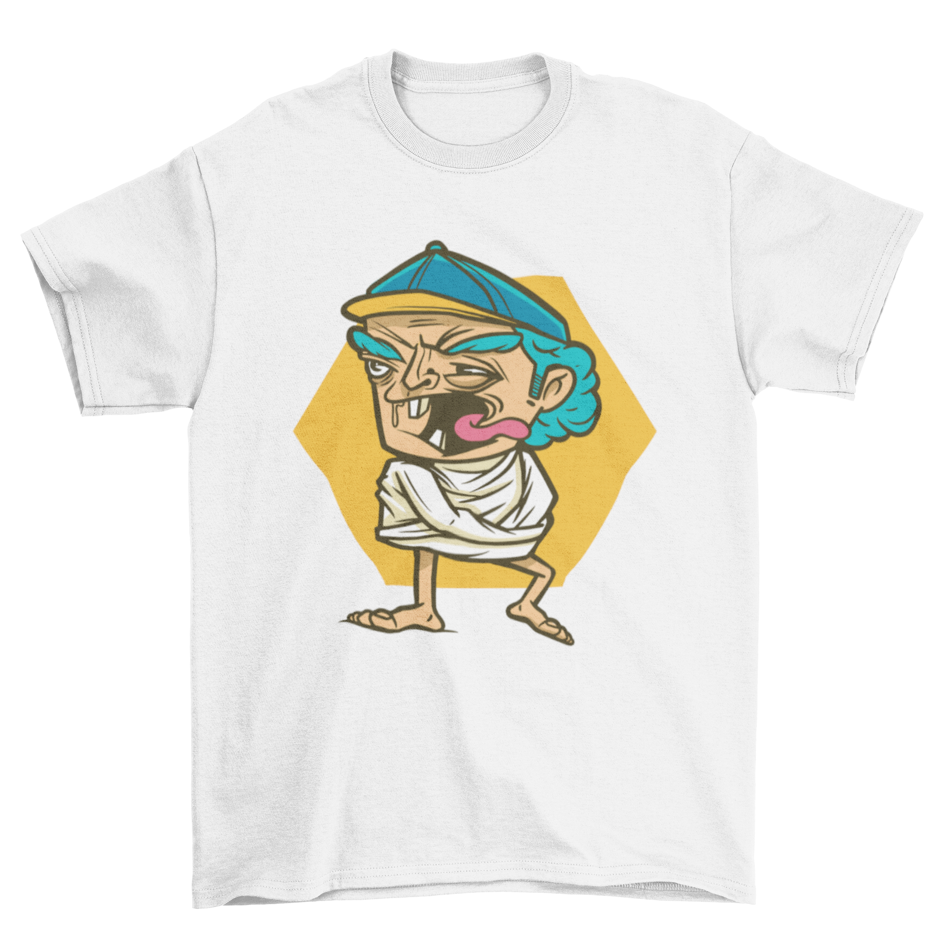 A humorous t-shirt featuring an elderly man in a straightjacket, showcasing a unique and playful design.