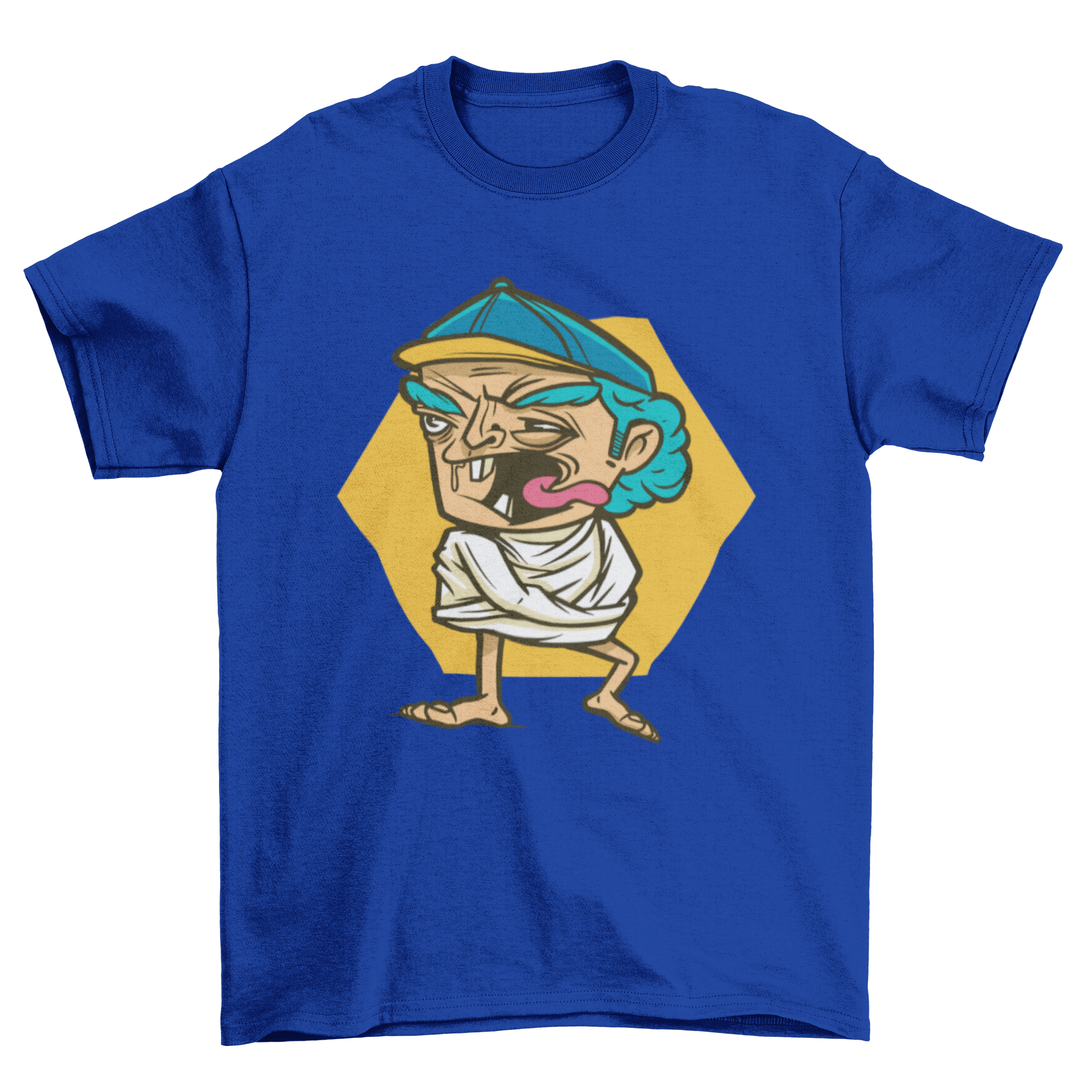 A humorous t-shirt featuring an elderly man in a straightjacket, showcasing a unique and playful design.