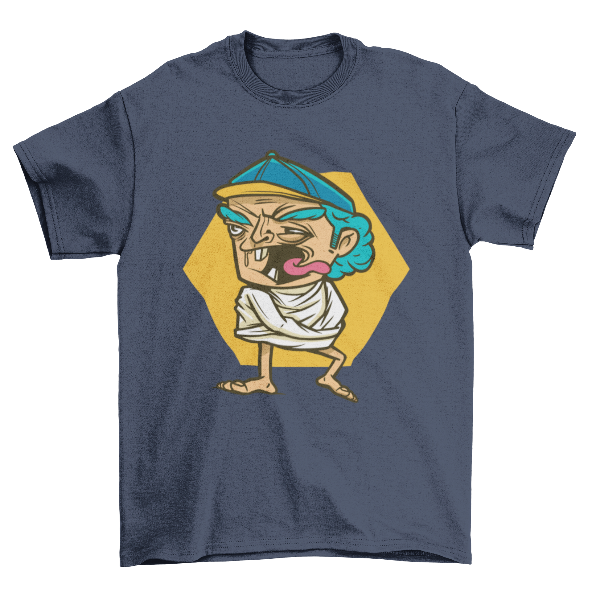 A humorous t-shirt featuring an elderly man in a straightjacket, showcasing a unique and playful design.