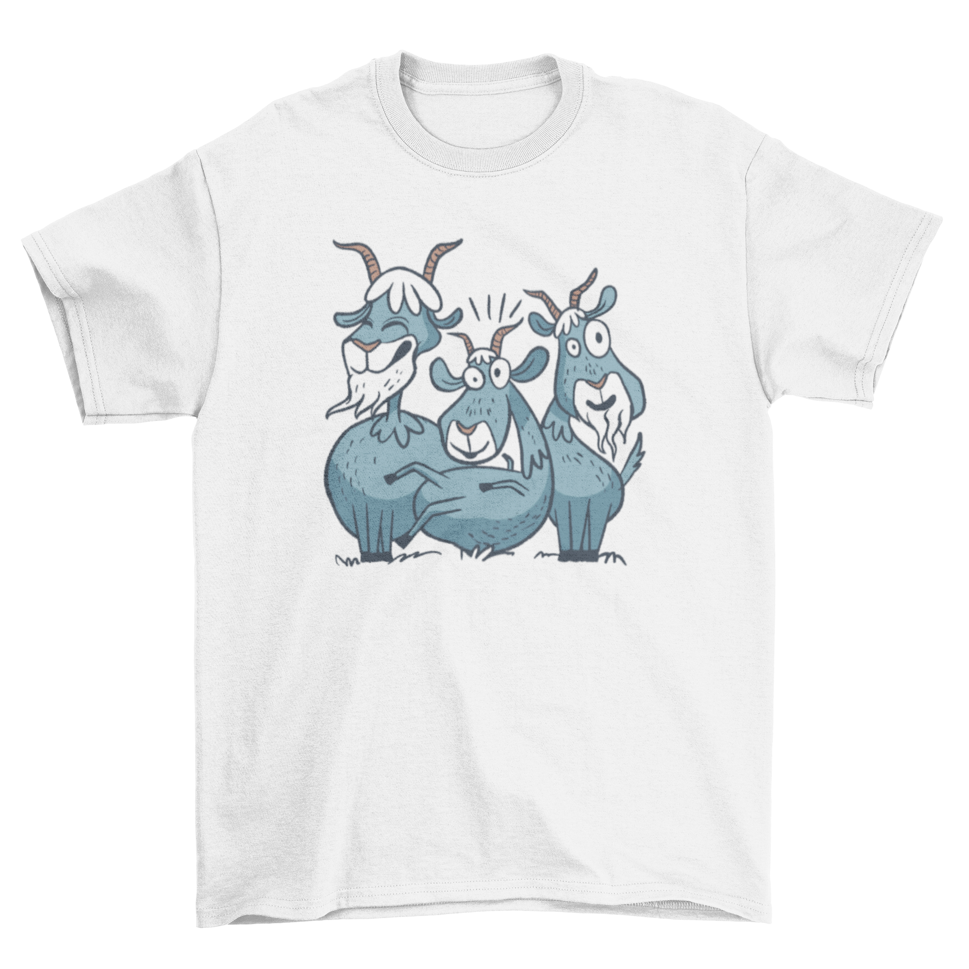 A colorful t-shirt featuring a playful design of a group of crazy goats, perfect for casual wear.