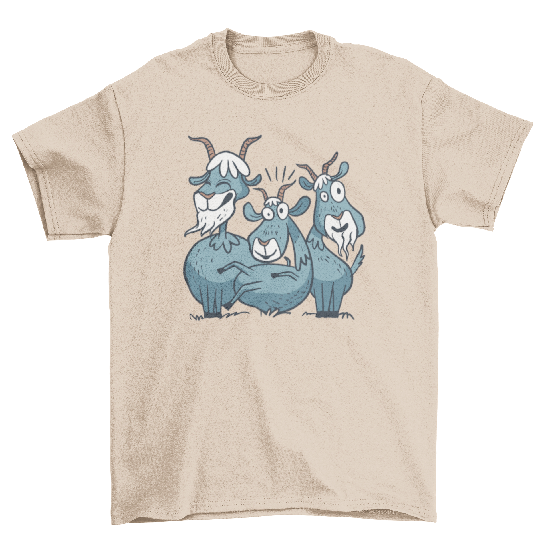 A colorful t-shirt featuring a playful design of a group of crazy goats, perfect for casual wear.