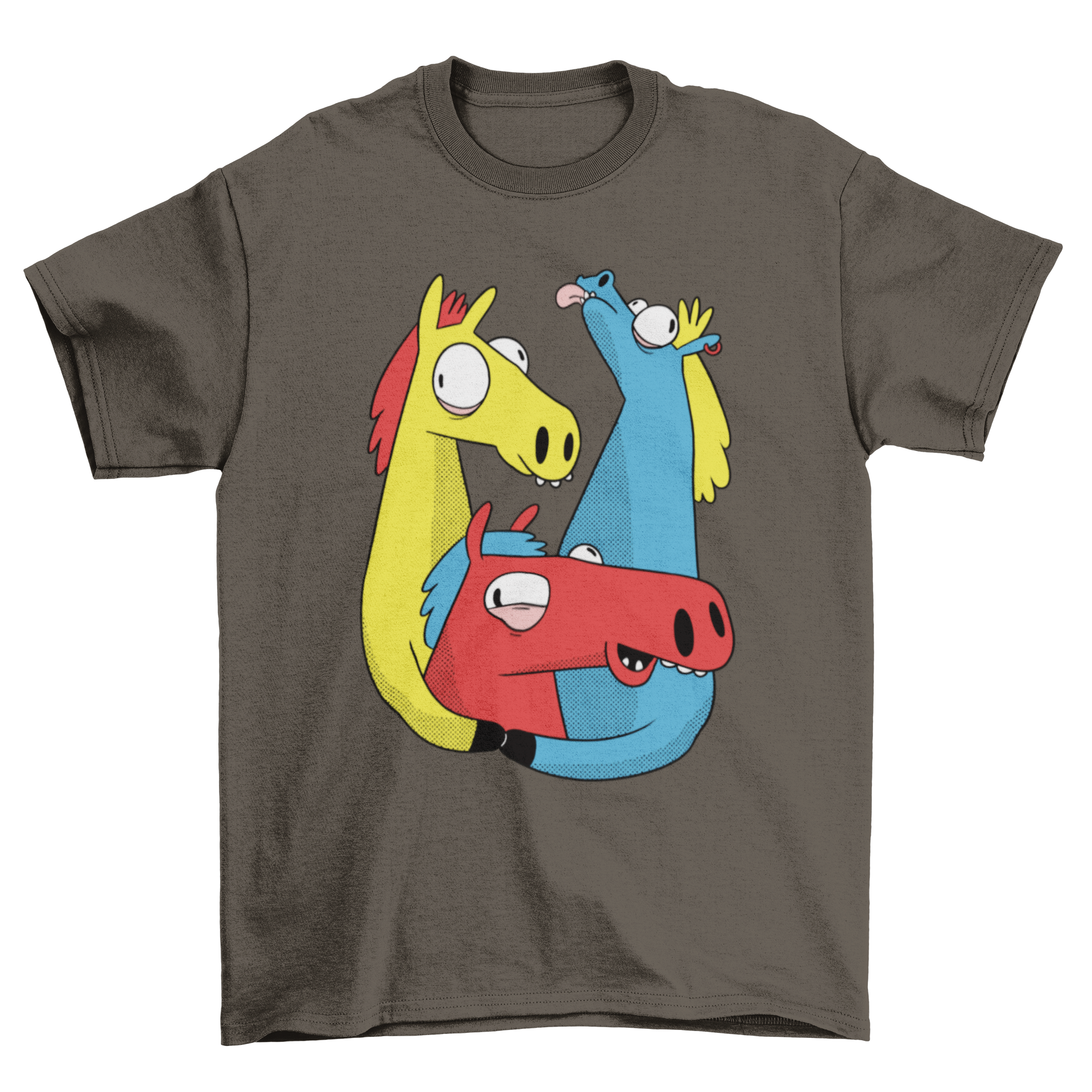 Colorful Crazy Horse Pack T-shirt featuring three vibrant horse cartoons in a playful design.