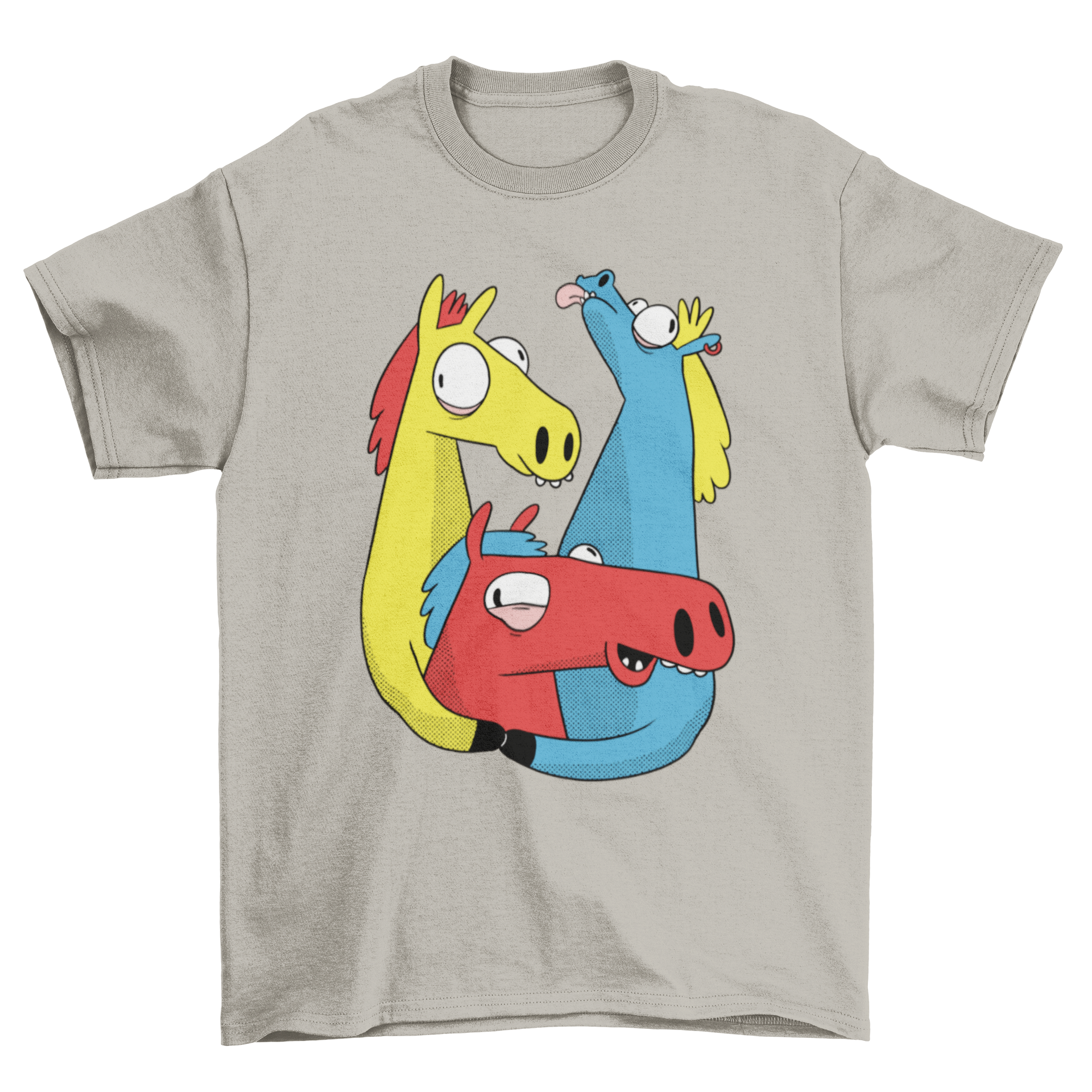 Colorful Crazy Horse Pack T-shirt featuring three vibrant horse cartoons in a playful design.