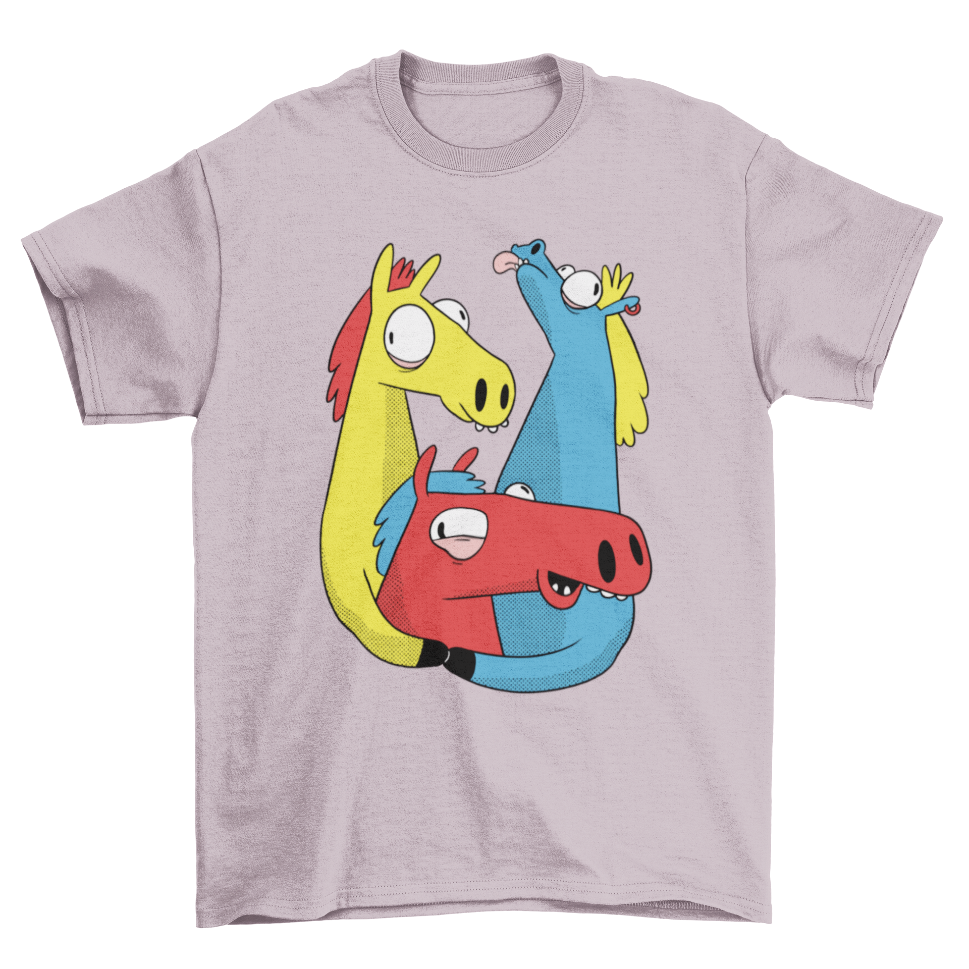 Colorful Crazy Horse Pack T-shirt featuring three vibrant horse cartoons in a playful design.