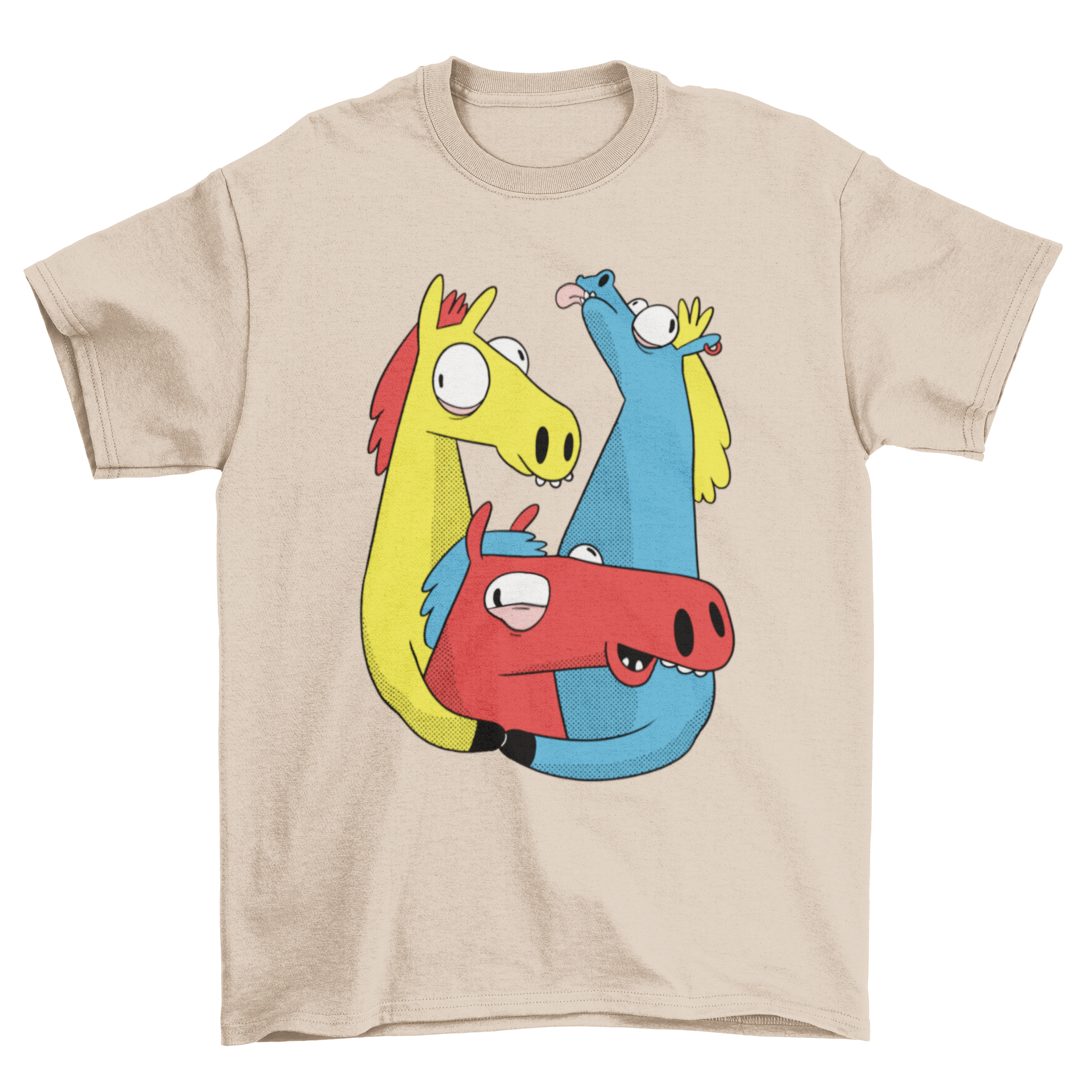 Colorful Crazy Horse Pack T-shirt featuring three vibrant horse cartoons in a playful design.