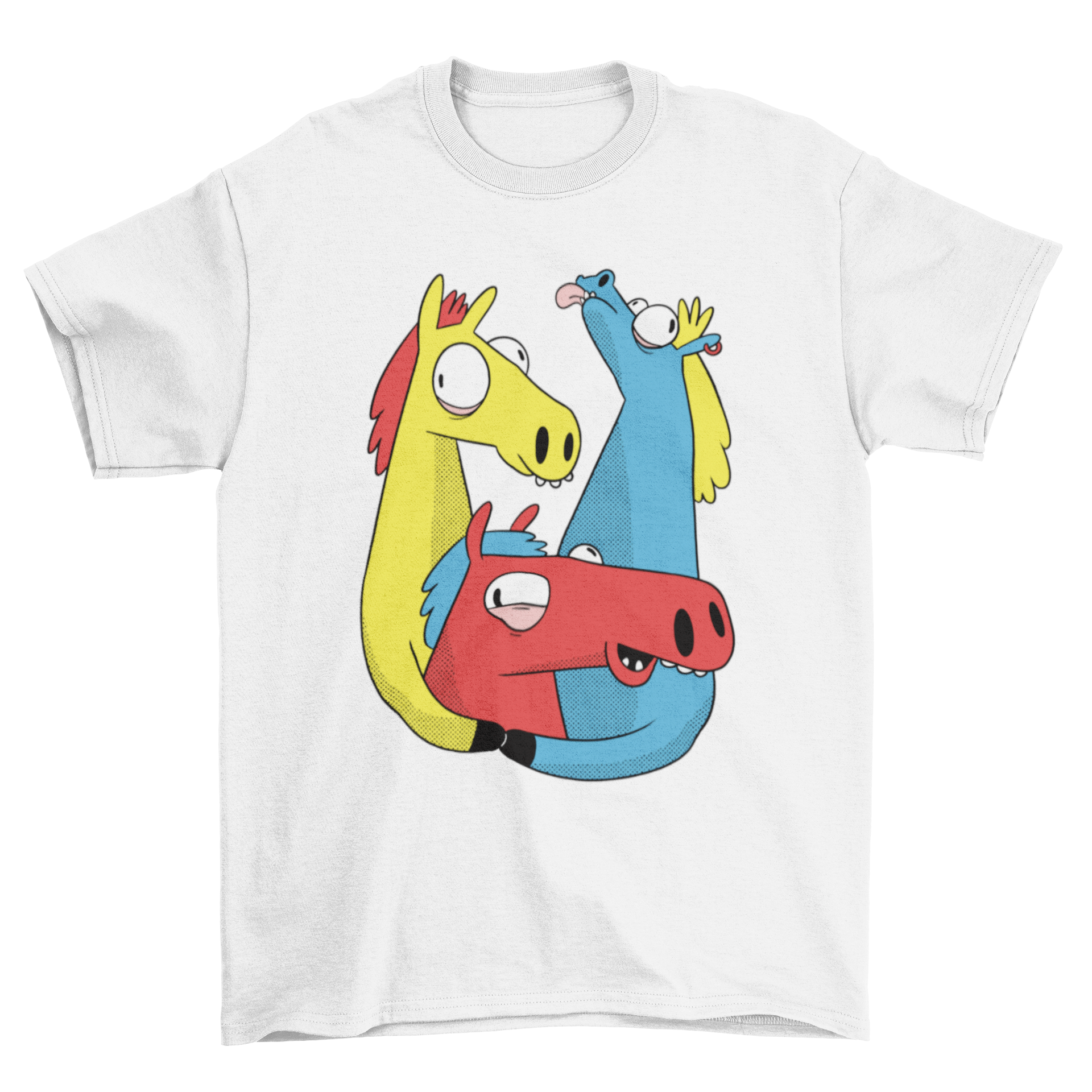 Colorful Crazy Horse Pack T-shirt featuring three vibrant horse cartoons in a playful design.