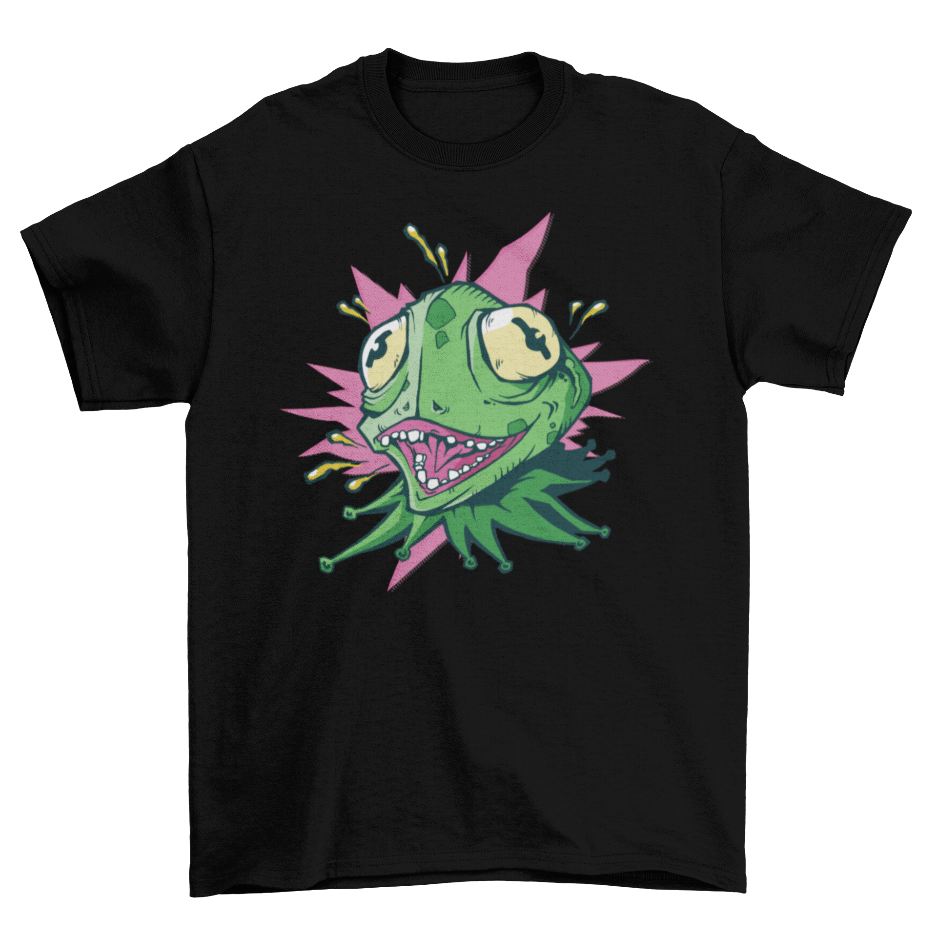 A vibrant Crazy Lizard T-shirt featuring a green lizard with bulging eyes and an open mouth, showcasing its quirky design.