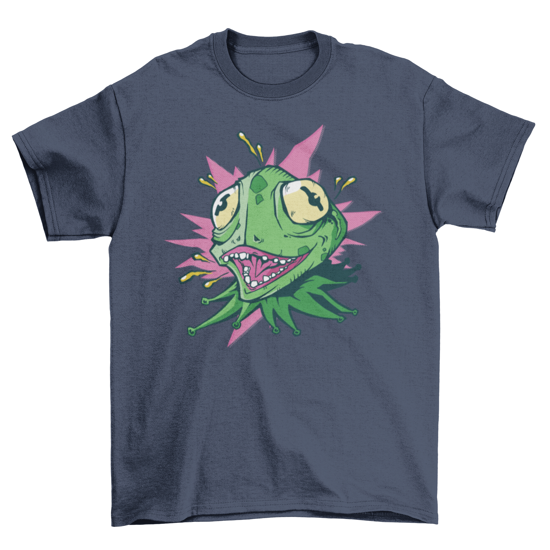 A vibrant Crazy Lizard T-shirt featuring a green lizard with bulging eyes and an open mouth, showcasing its quirky design.