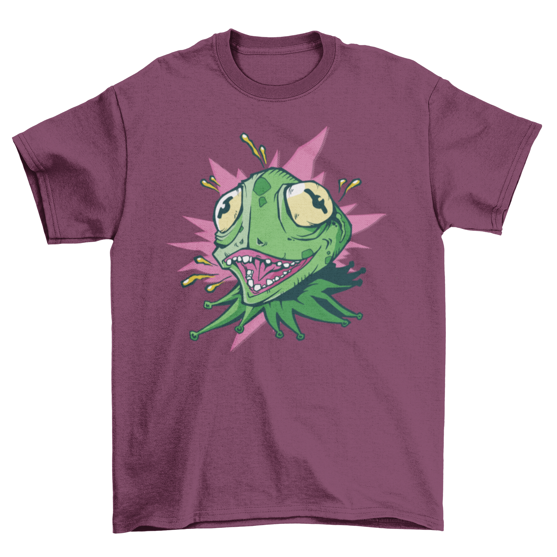 A vibrant Crazy Lizard T-shirt featuring a green lizard with bulging eyes and an open mouth, showcasing its quirky design.