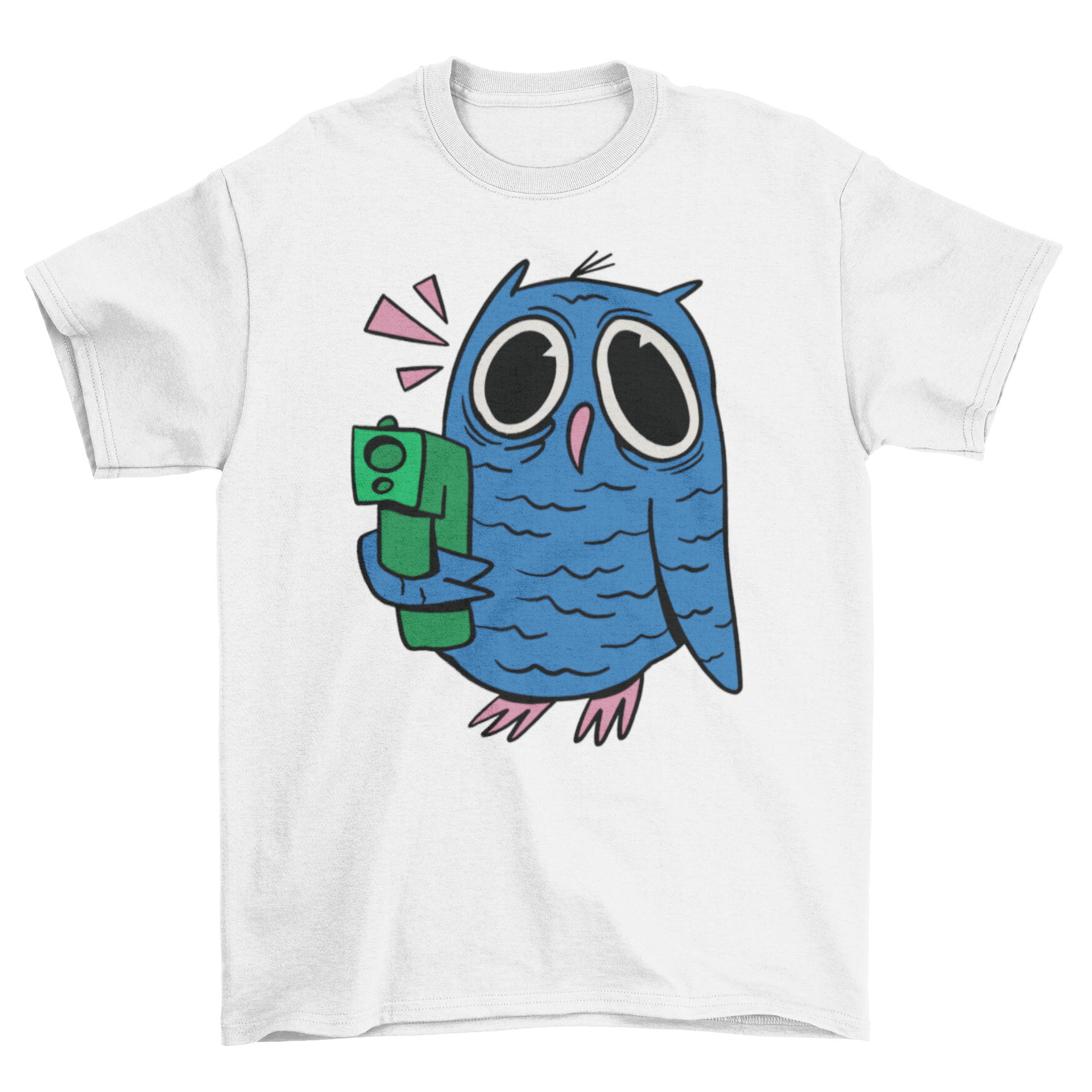 A vibrant Crazy Owl T-Shirt featuring a cartoon owl with a wild expression, holding a gun, perfect for casual wear.