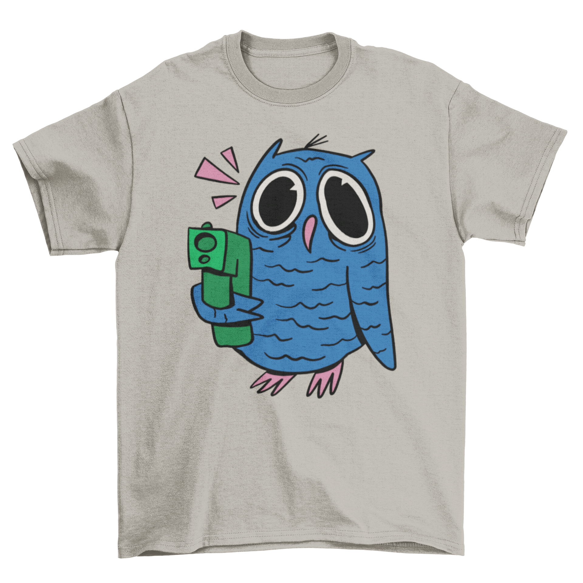 A vibrant Crazy Owl T-Shirt featuring a cartoon owl with a wild expression, holding a gun, perfect for casual wear.