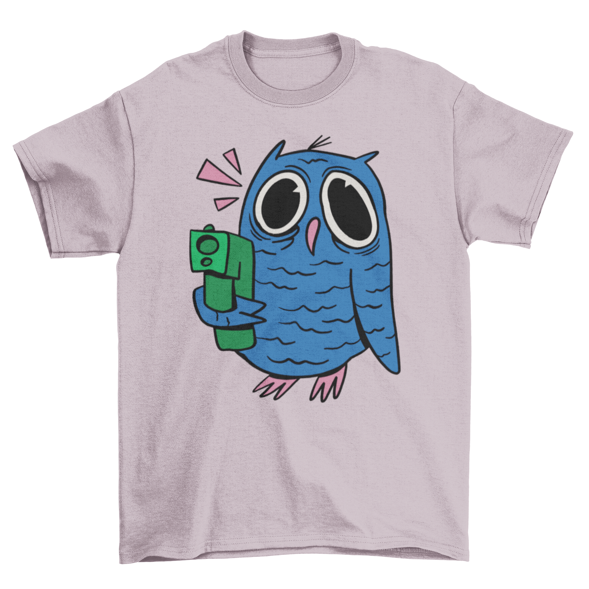 A vibrant Crazy Owl T-Shirt featuring a cartoon owl with a wild expression, holding a gun, perfect for casual wear.