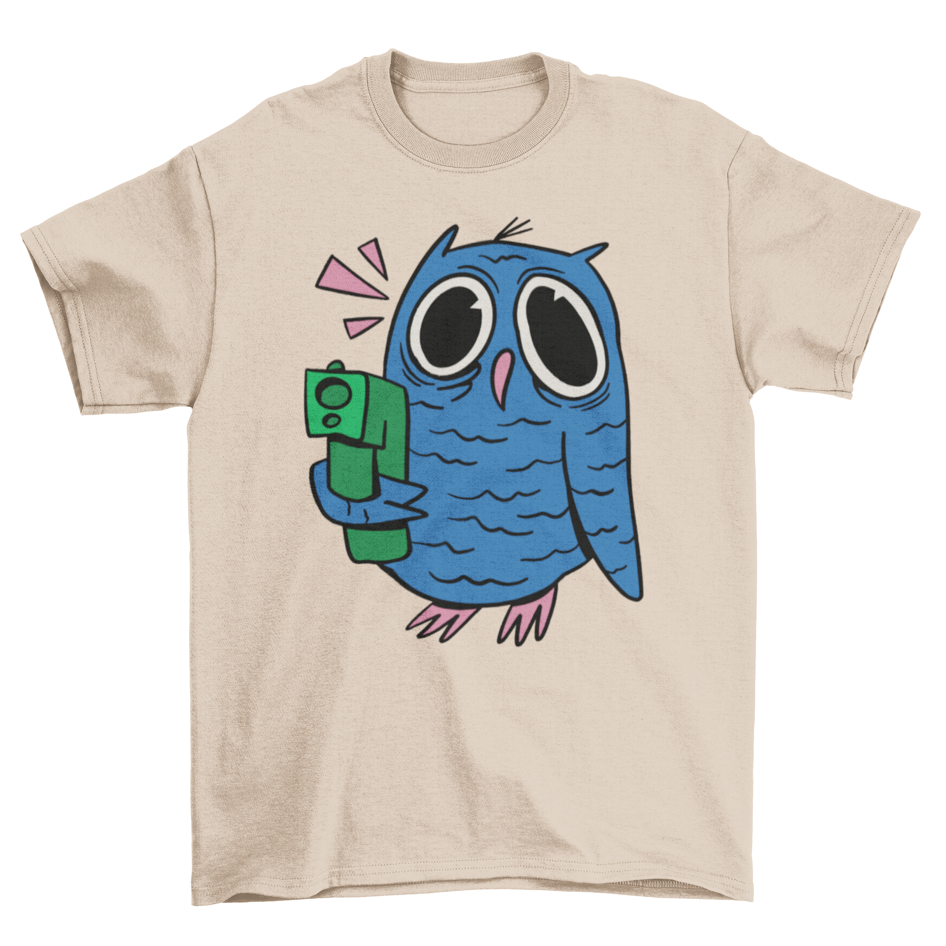 A vibrant Crazy Owl T-Shirt featuring a cartoon owl with a wild expression, holding a gun, perfect for casual wear.