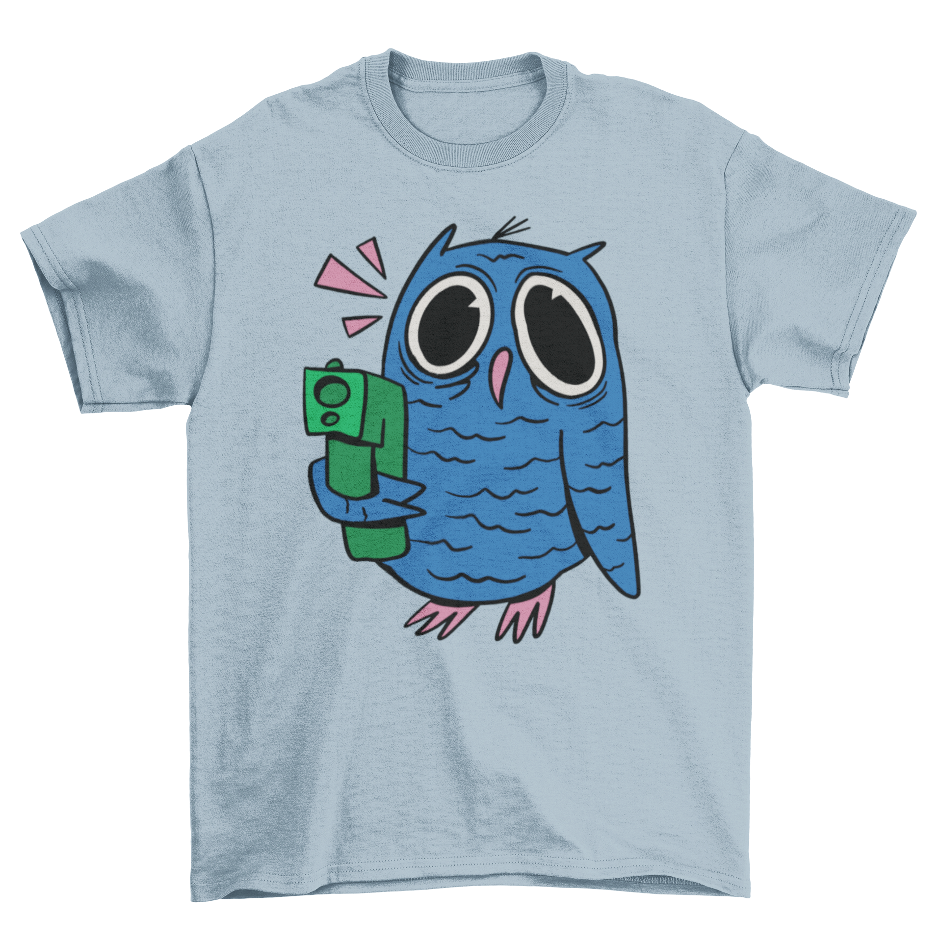 A vibrant Crazy Owl T-Shirt featuring a cartoon owl with a wild expression, holding a gun, perfect for casual wear.