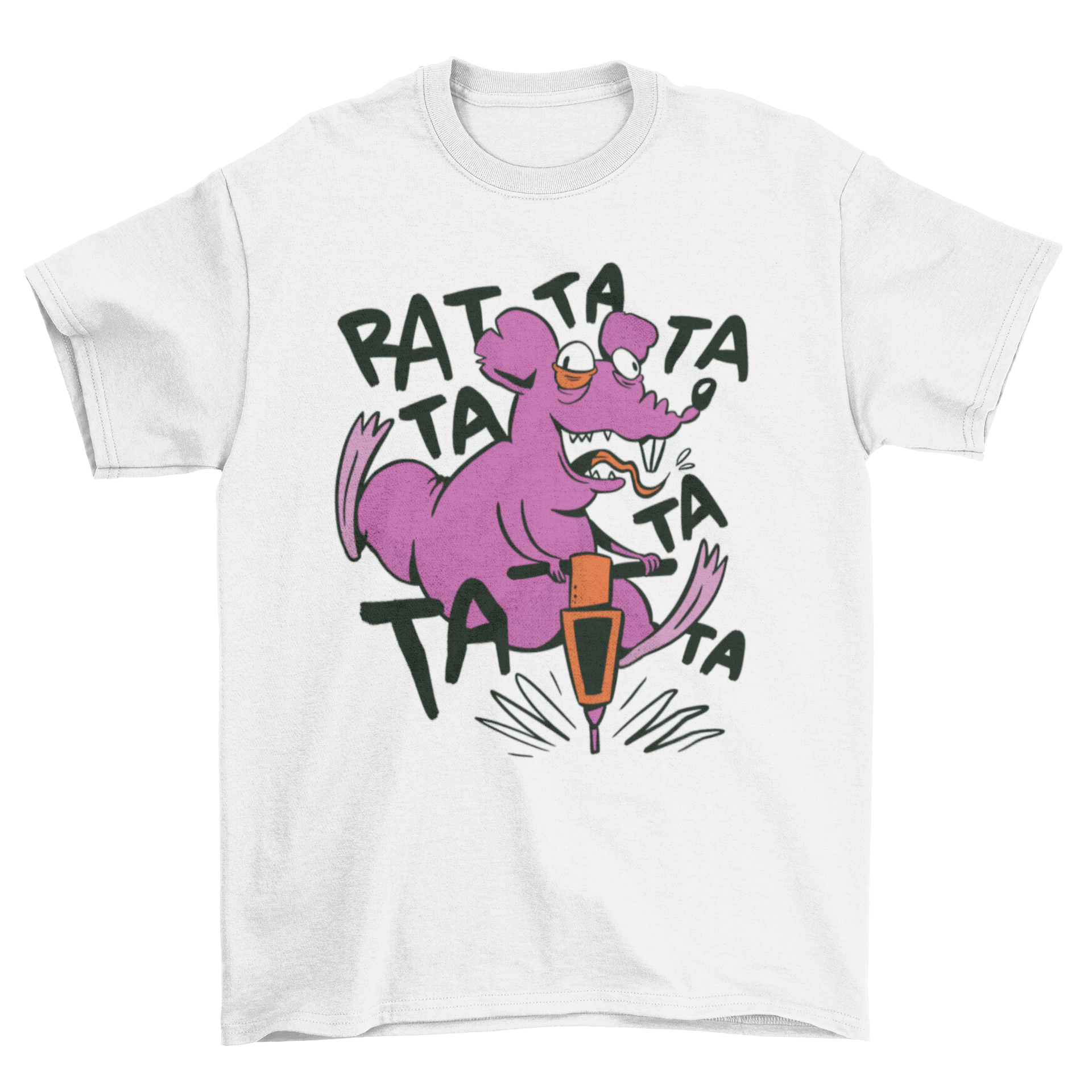 A humorous t-shirt featuring a cartoon rat operating a jackhammer, showcasing a fun and quirky design.