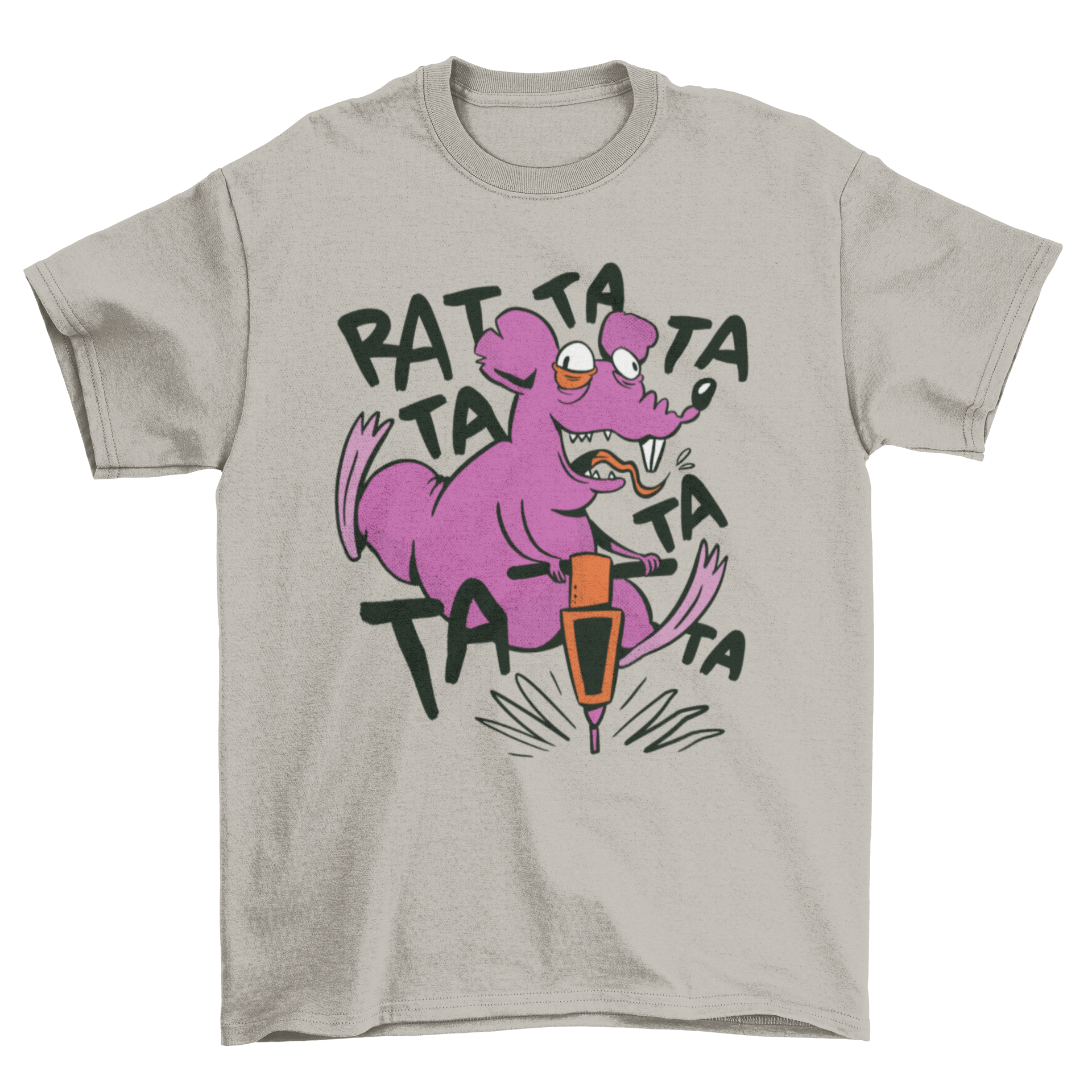 A humorous t-shirt featuring a cartoon rat operating a jackhammer, showcasing a fun and quirky design.