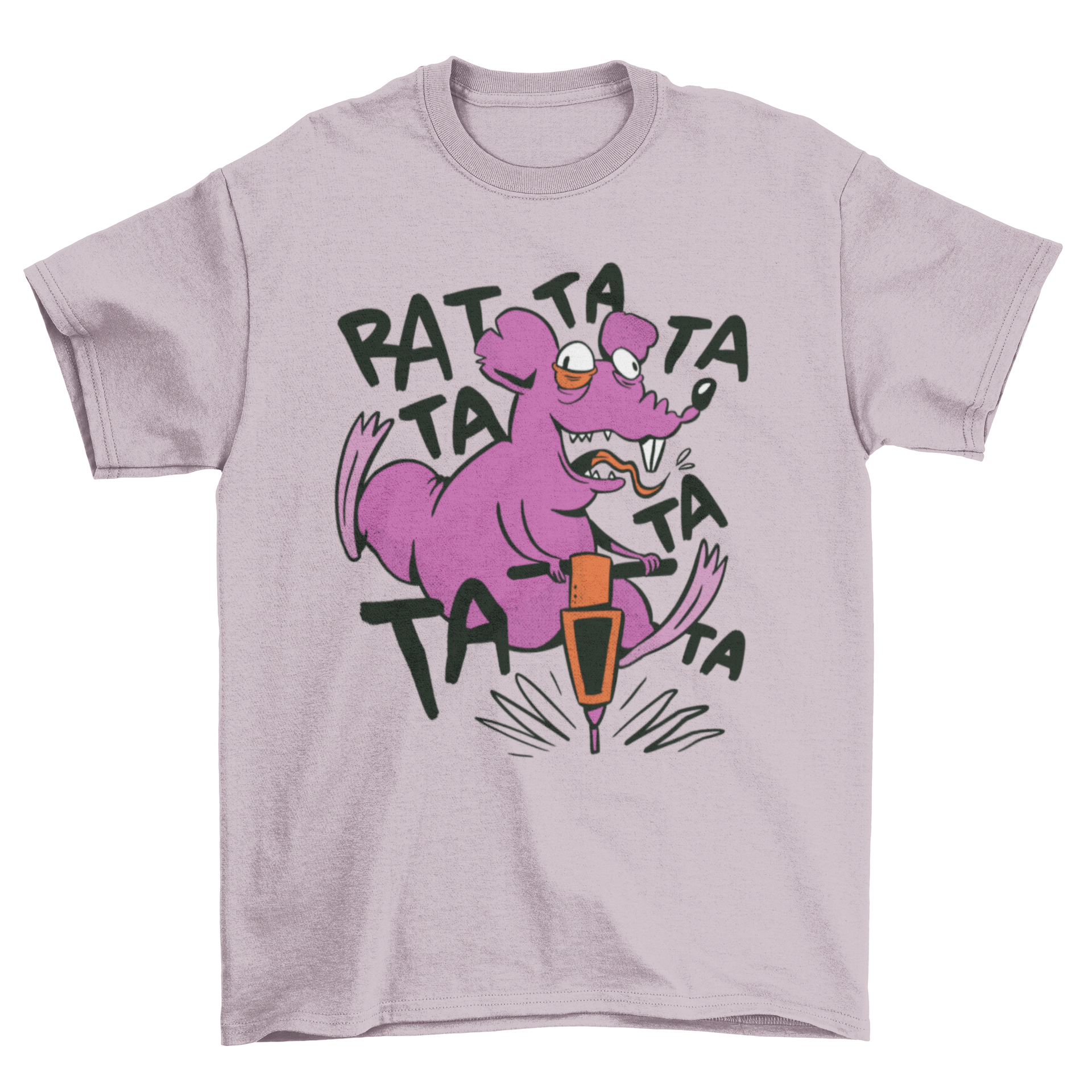 A humorous t-shirt featuring a cartoon rat operating a jackhammer, showcasing a fun and quirky design.