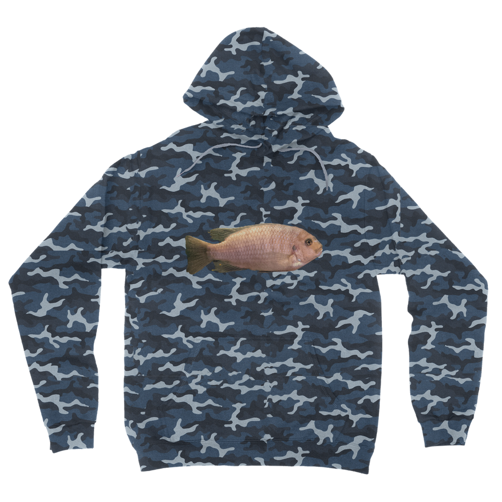 Cream Peach Fish Camouflage Adult Hoodie featuring a trendy all-over camo design with a kangaroo pouch pocket and double fabric hood.