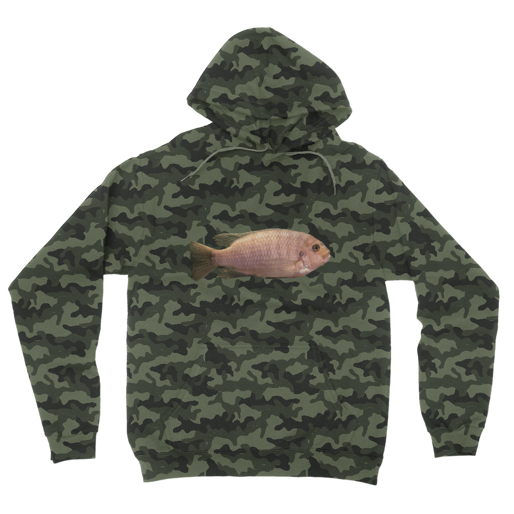 Cream Peach Fish Camouflage Adult Hoodie featuring a trendy all-over camo design with a kangaroo pouch pocket and double fabric hood.