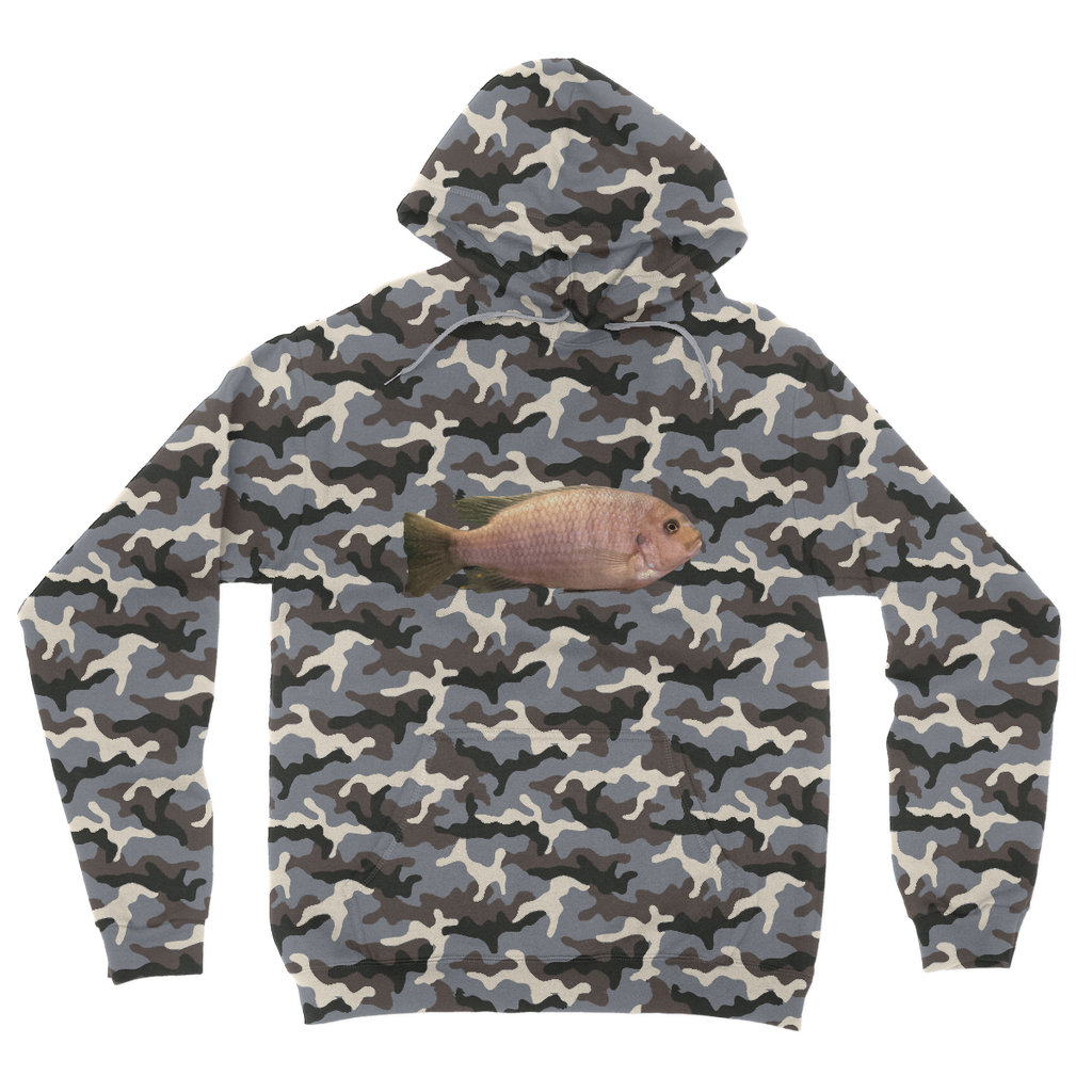 Cream Peach Fish Camouflage Adult Hoodie featuring a trendy all-over camo design with a kangaroo pouch pocket and double fabric hood.