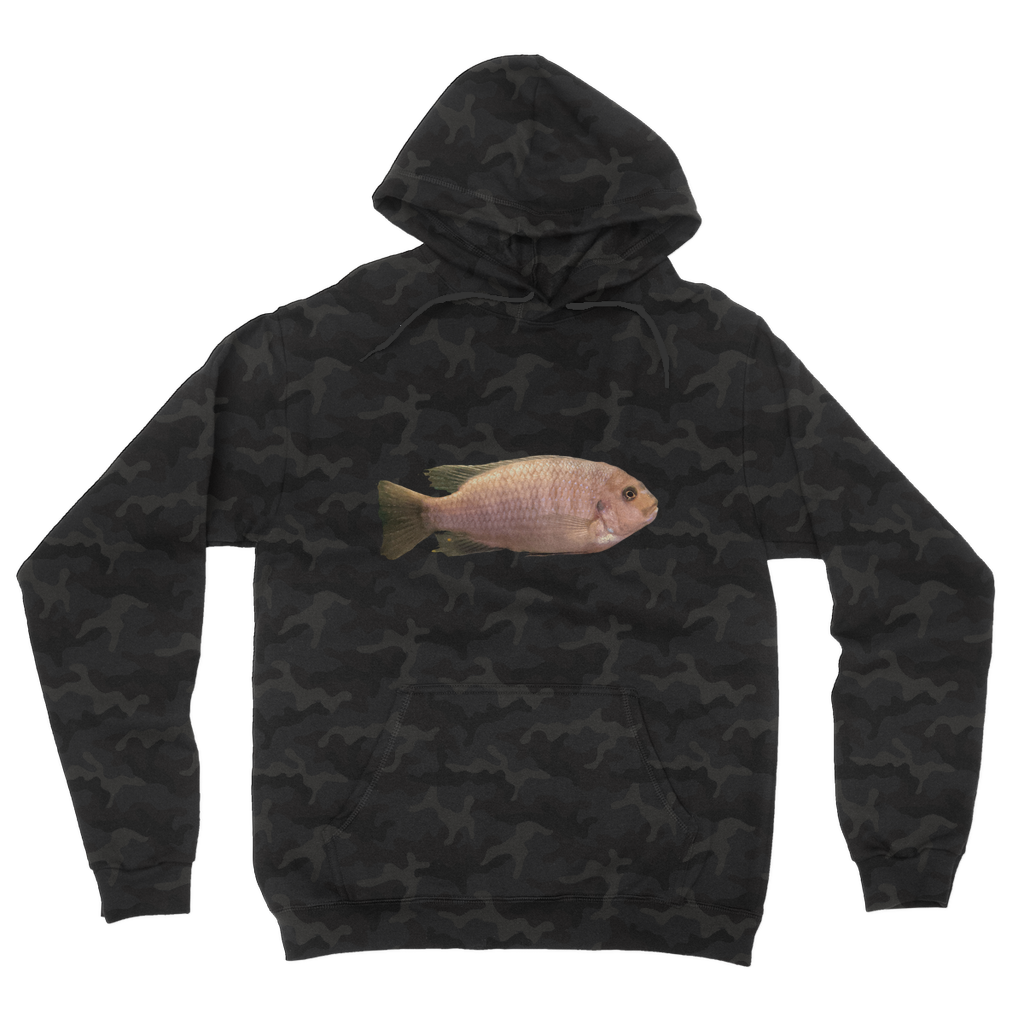 Cream Peach Fish Camouflage Adult Hoodie featuring a trendy all-over camo design with a kangaroo pouch pocket and double fabric hood.