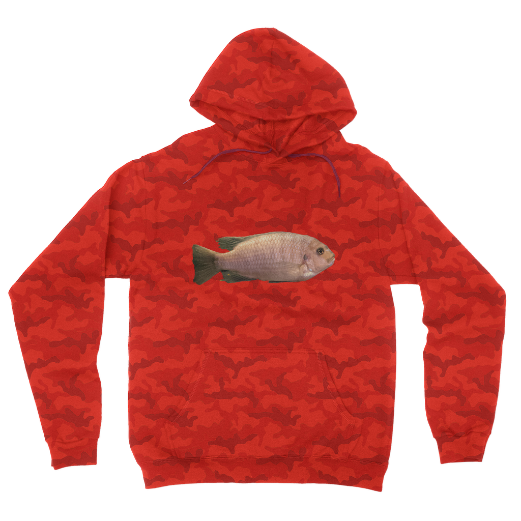 Cream Peach Fish Camouflage Adult Hoodie featuring a trendy all-over camo design with a kangaroo pouch pocket and double fabric hood.