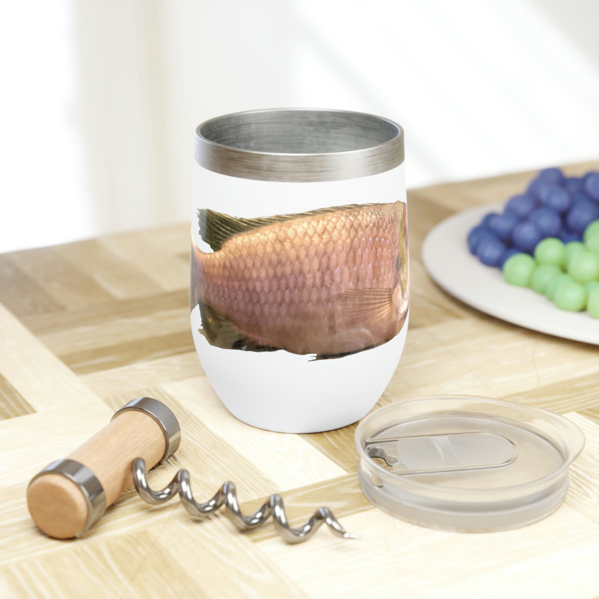 Cream Peach Fish Chill Wine Tumbler with double-insulated walls and a stylish design, perfect for wine lovers.