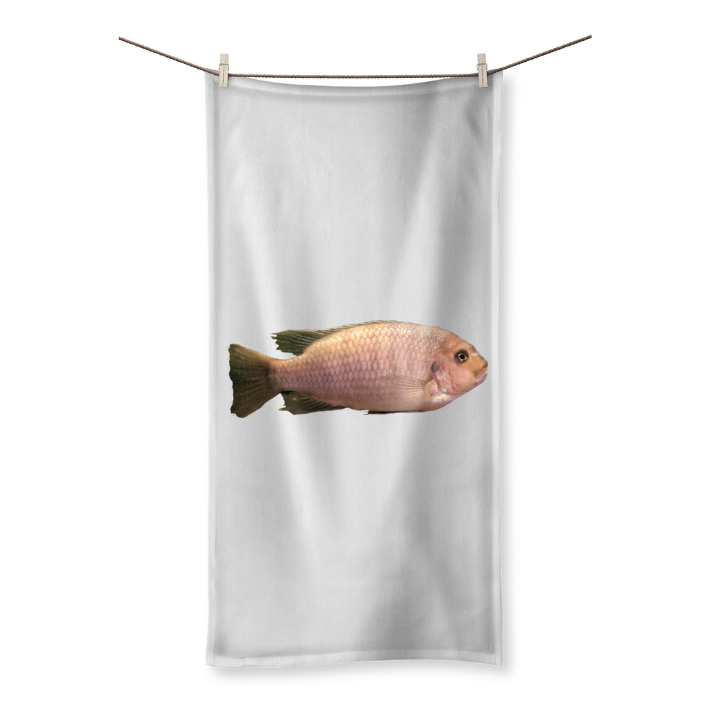 Cream Peach Fish Sublimation All Over Towel featuring vibrant fish design on one side and soft cotton backing on the other.