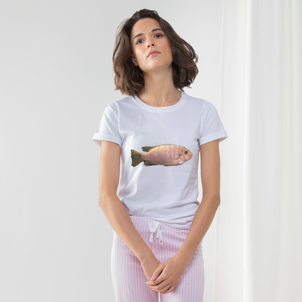 Cream Peach Fish Women's Long Pant Pyjama Set featuring a white t-shirt, striped pants, and matching drawcord bag, perfect for lounging.