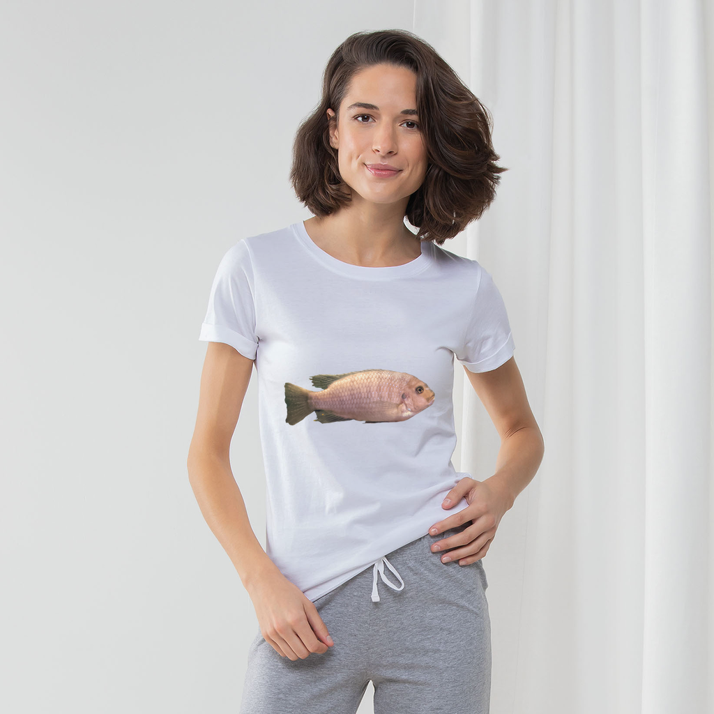 Cream Peach Fish Women's Long Pant Pyjama Set featuring a white t-shirt, striped pants, and matching drawcord bag, perfect for lounging.