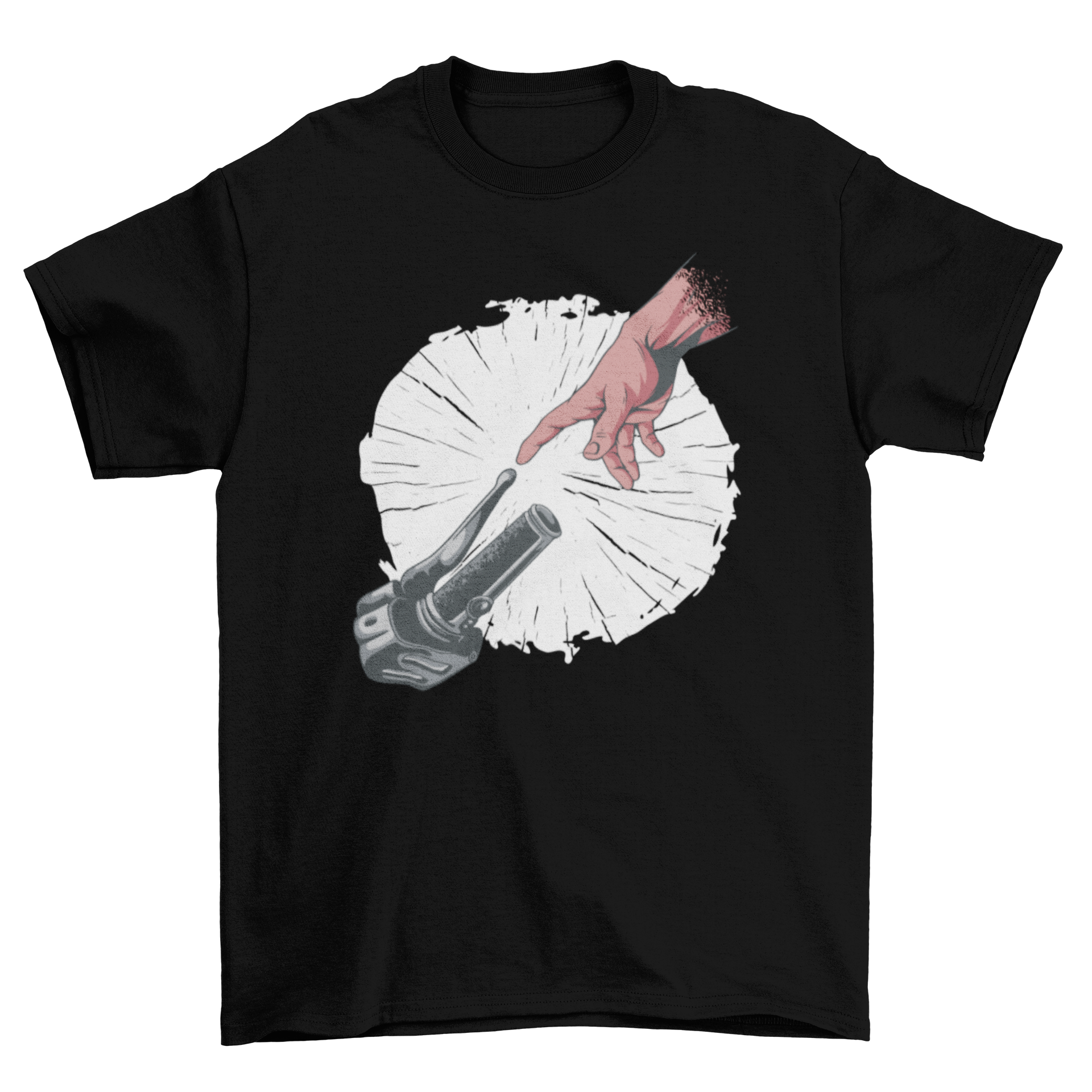 Creation of Adam Motorcycle T-shirt featuring a hand reaching for a motorcycle handlebar in a parody of the famous artwork.