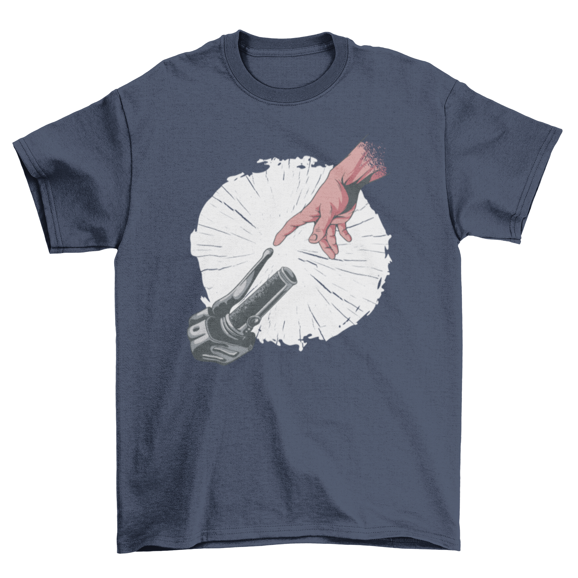 Creation of Adam Motorcycle T-shirt featuring a hand reaching for a motorcycle handlebar in a parody of the famous artwork.