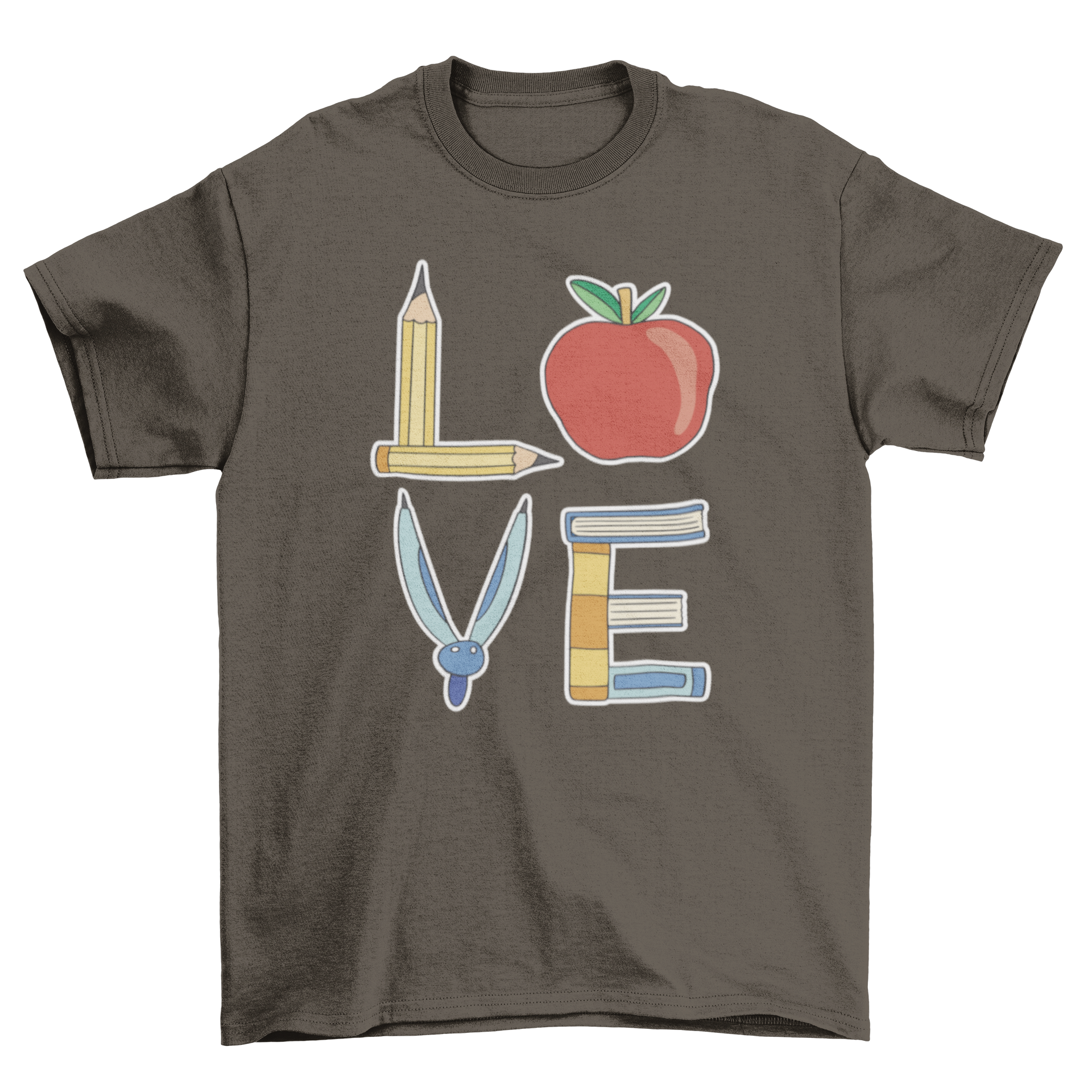 Creative Love t-shirt featuring the word 'Love' made from colorful school supplies like pencils and books.