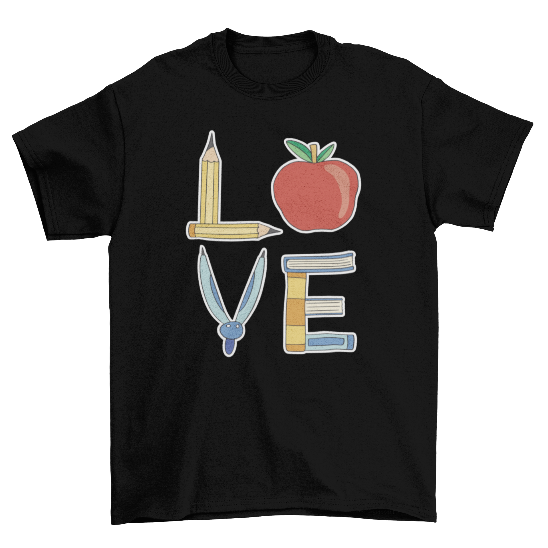 Creative Love t-shirt featuring the word 'Love' made from colorful school supplies like pencils and books.