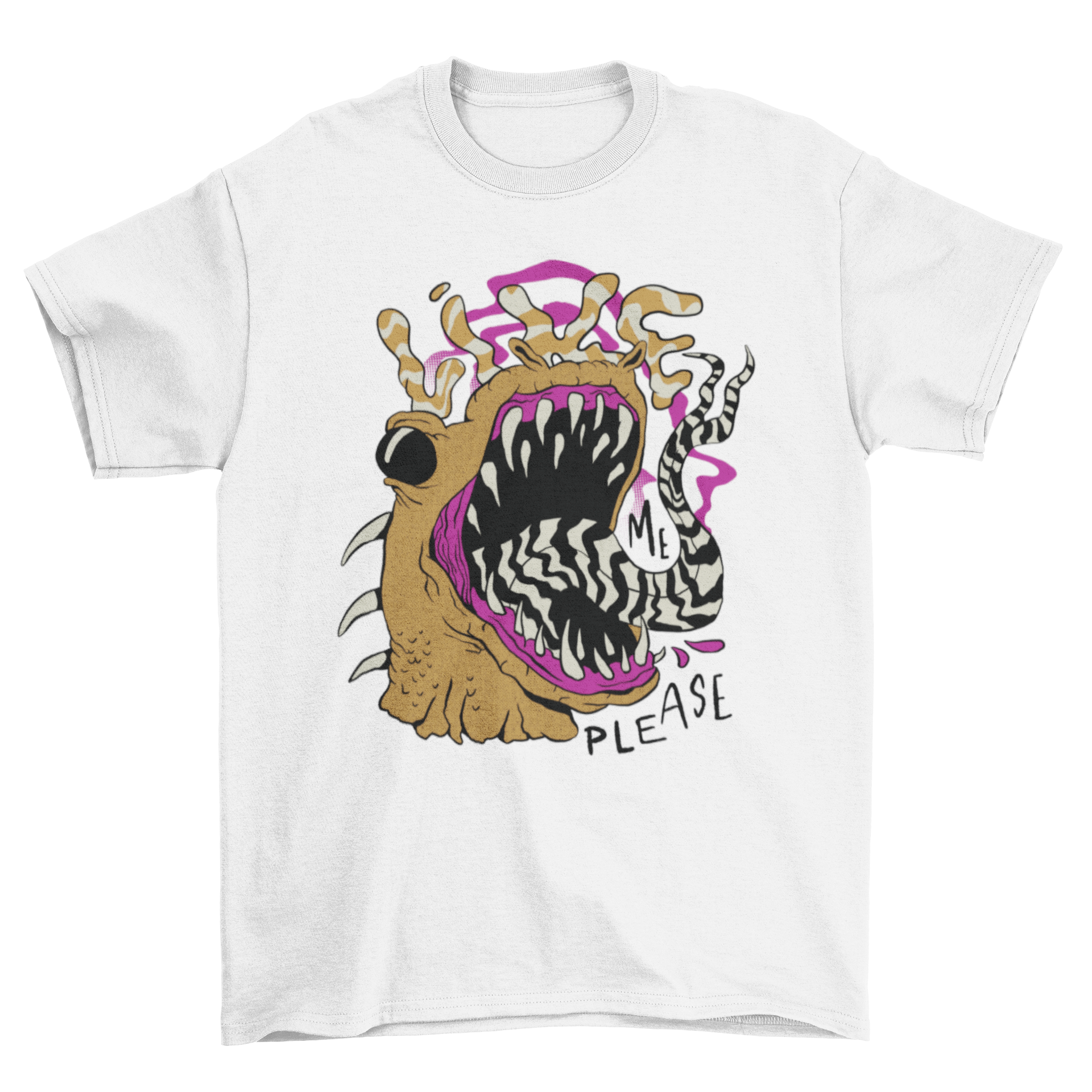 A colorful t-shirt featuring a creepy creature with an open mouth and the quote 'Like me please'.