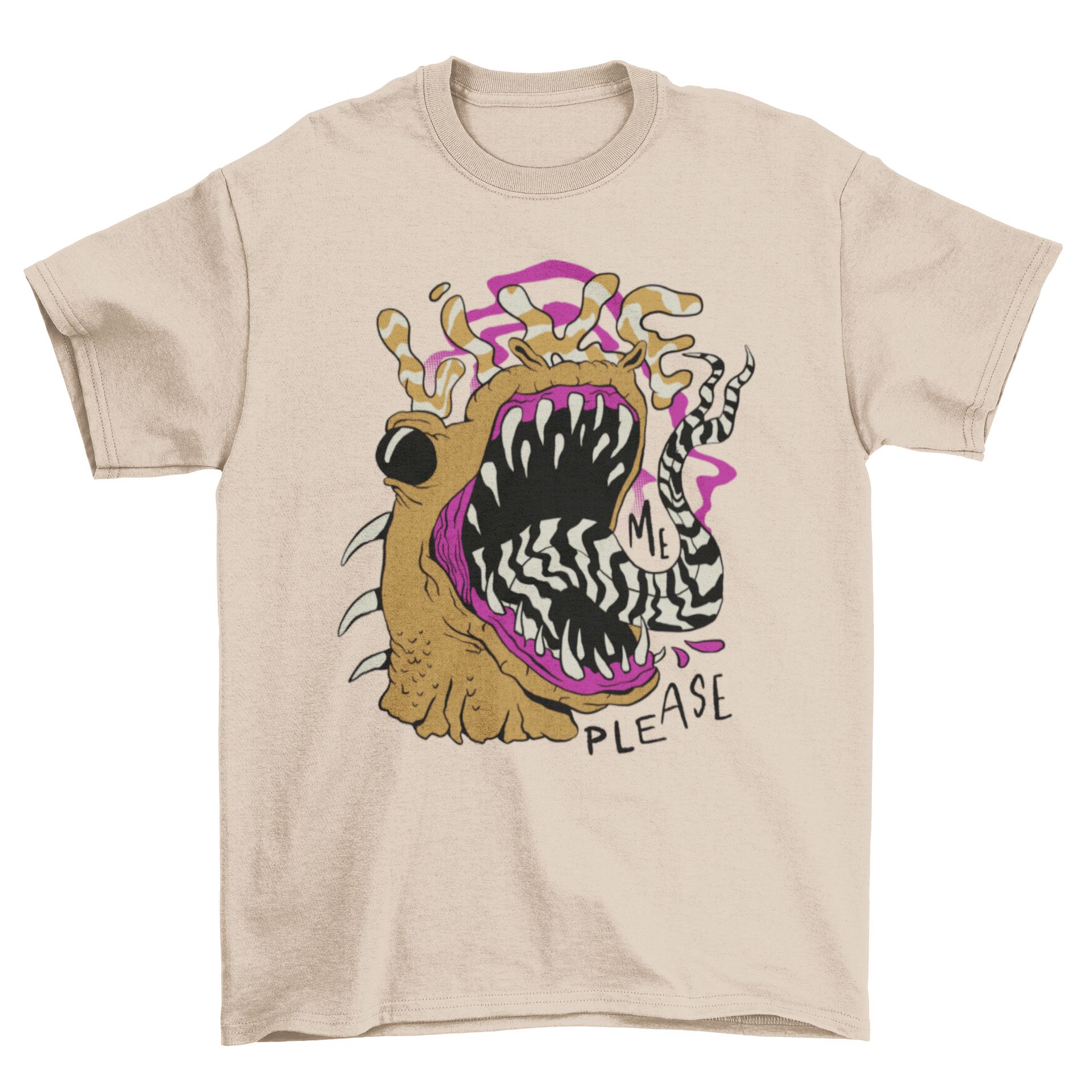 A colorful t-shirt featuring a creepy creature with an open mouth and the quote 'Like me please'.