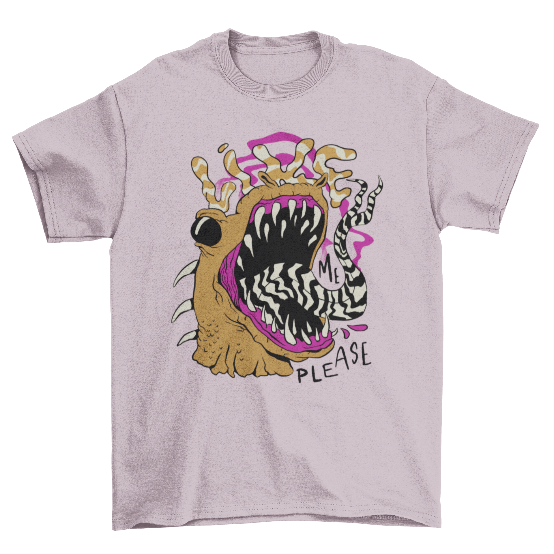 A colorful t-shirt featuring a creepy creature with an open mouth and the quote 'Like me please'.