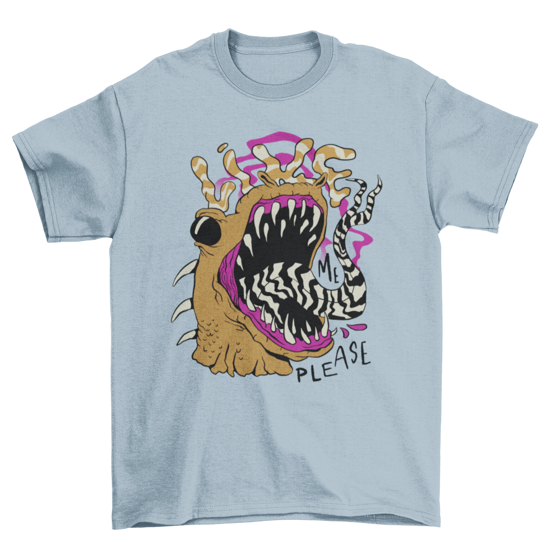 A colorful t-shirt featuring a creepy creature with an open mouth and the quote 'Like me please'.