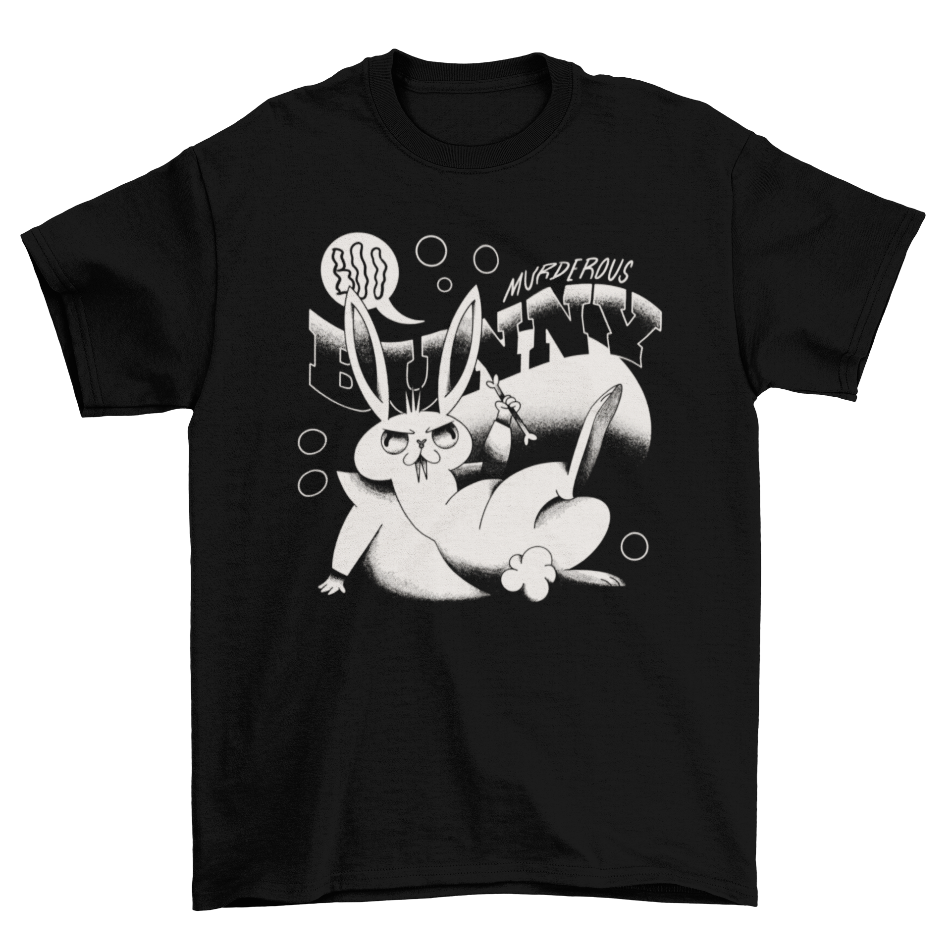 Creepy Bunny Monster T-Shirt featuring a retro cartoon bunny design with the quote 'Murderous Bunny' in bold lettering.