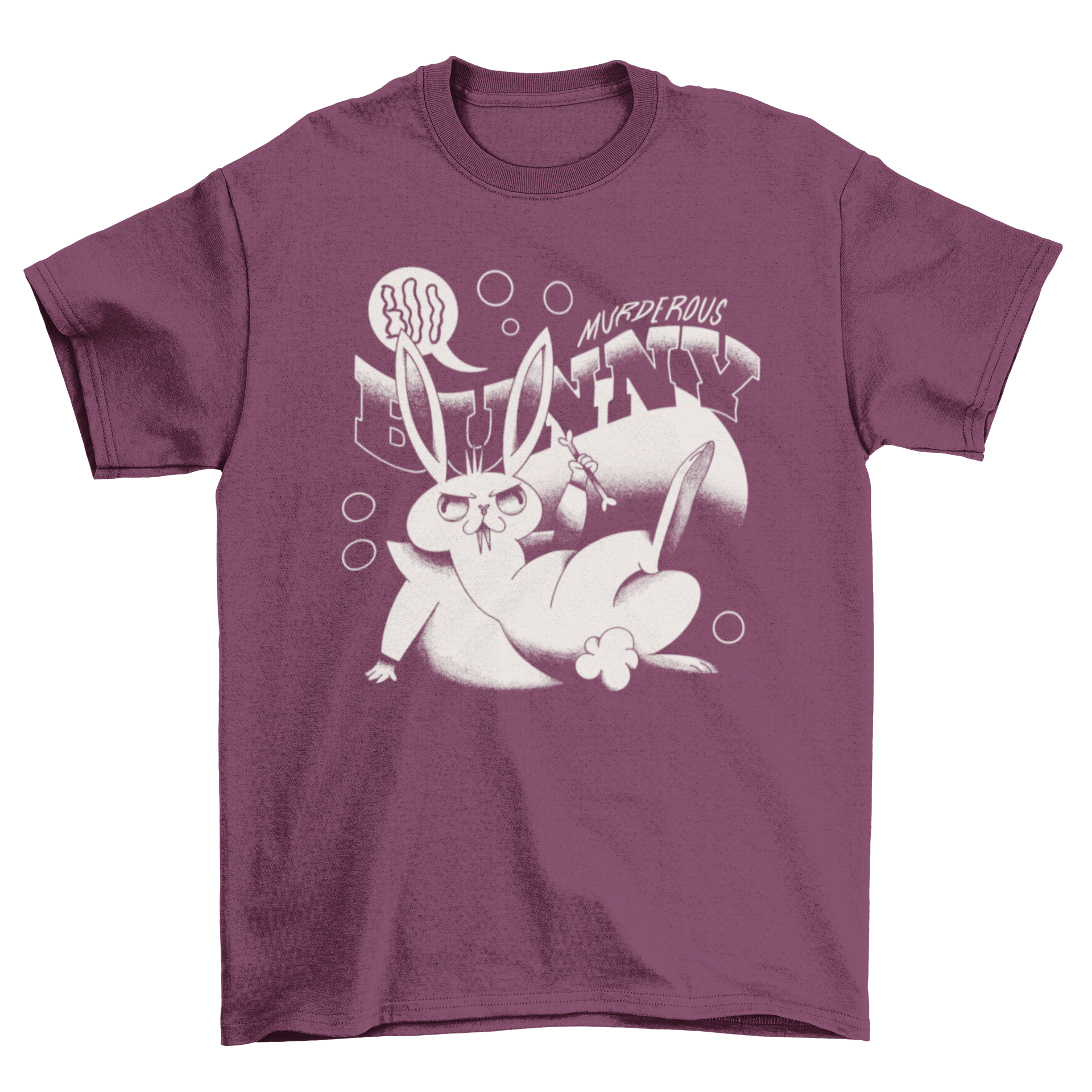 Creepy Bunny Monster T-Shirt featuring a retro cartoon bunny design with the quote 'Murderous Bunny' in bold lettering.