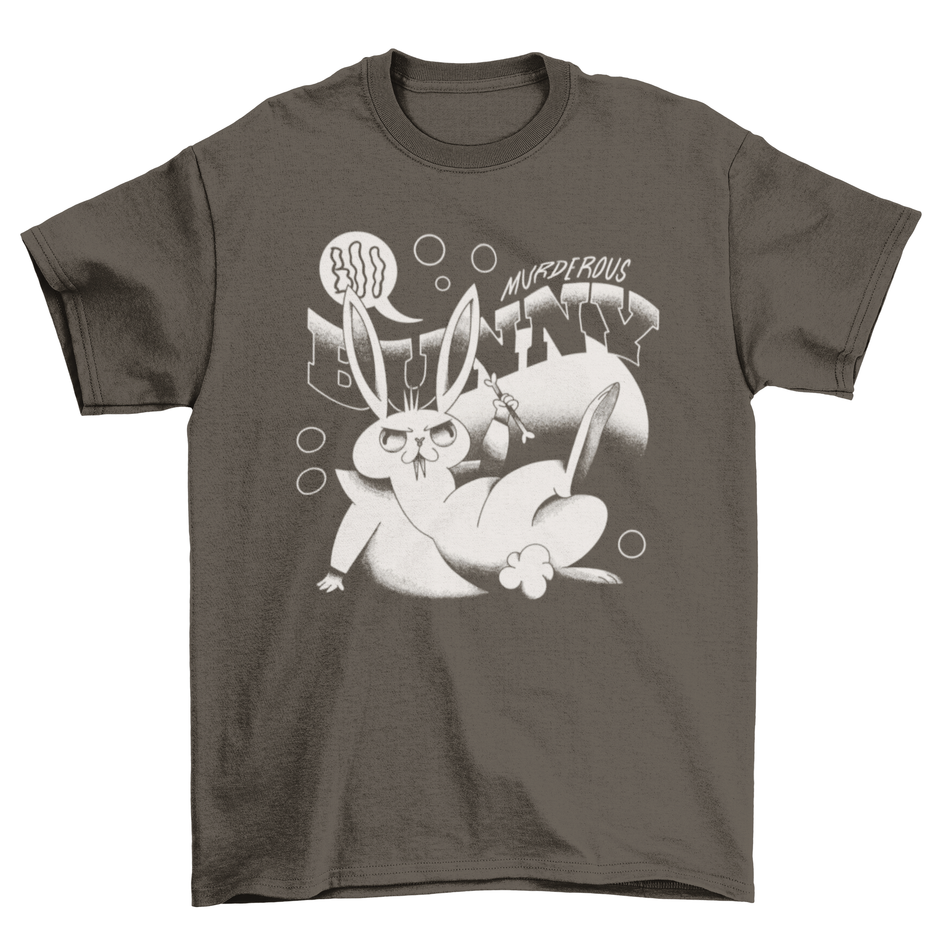 Creepy Bunny Monster T-Shirt featuring a retro cartoon bunny design with the quote 'Murderous Bunny' in bold lettering.