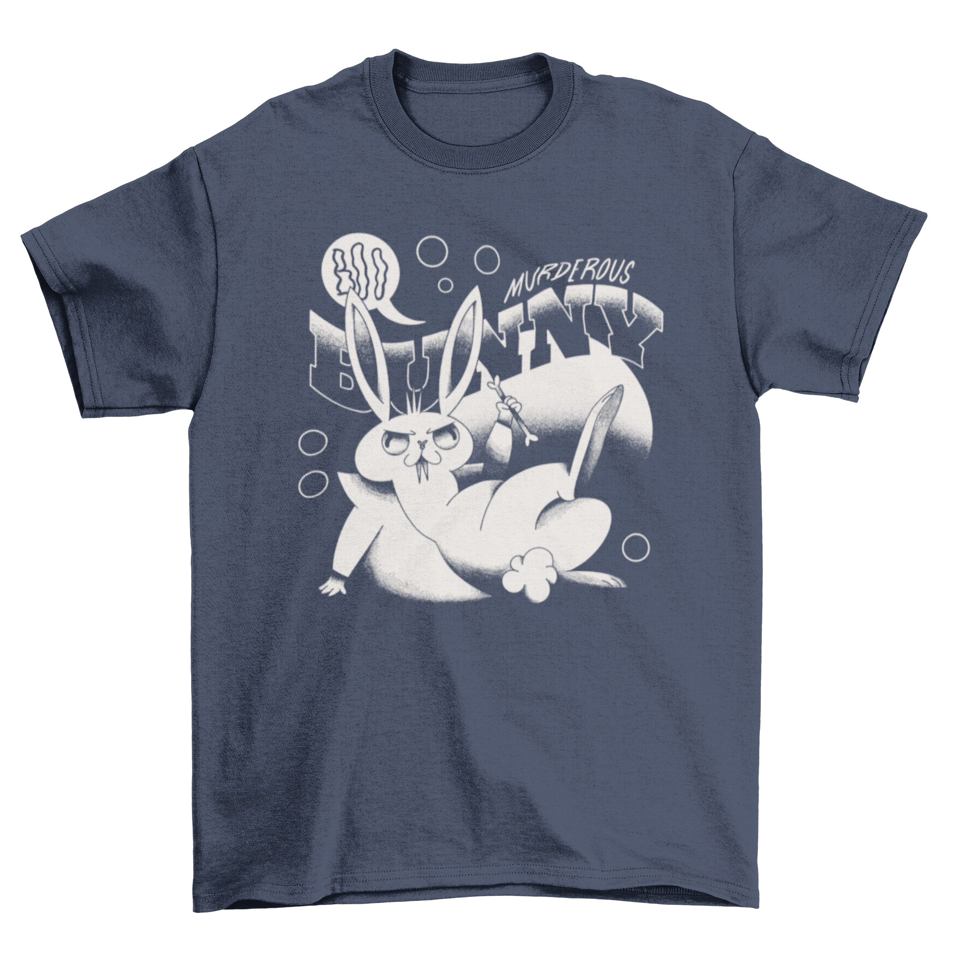 Creepy Bunny Monster T-Shirt featuring a retro cartoon bunny design with the quote 'Murderous Bunny' in bold lettering.