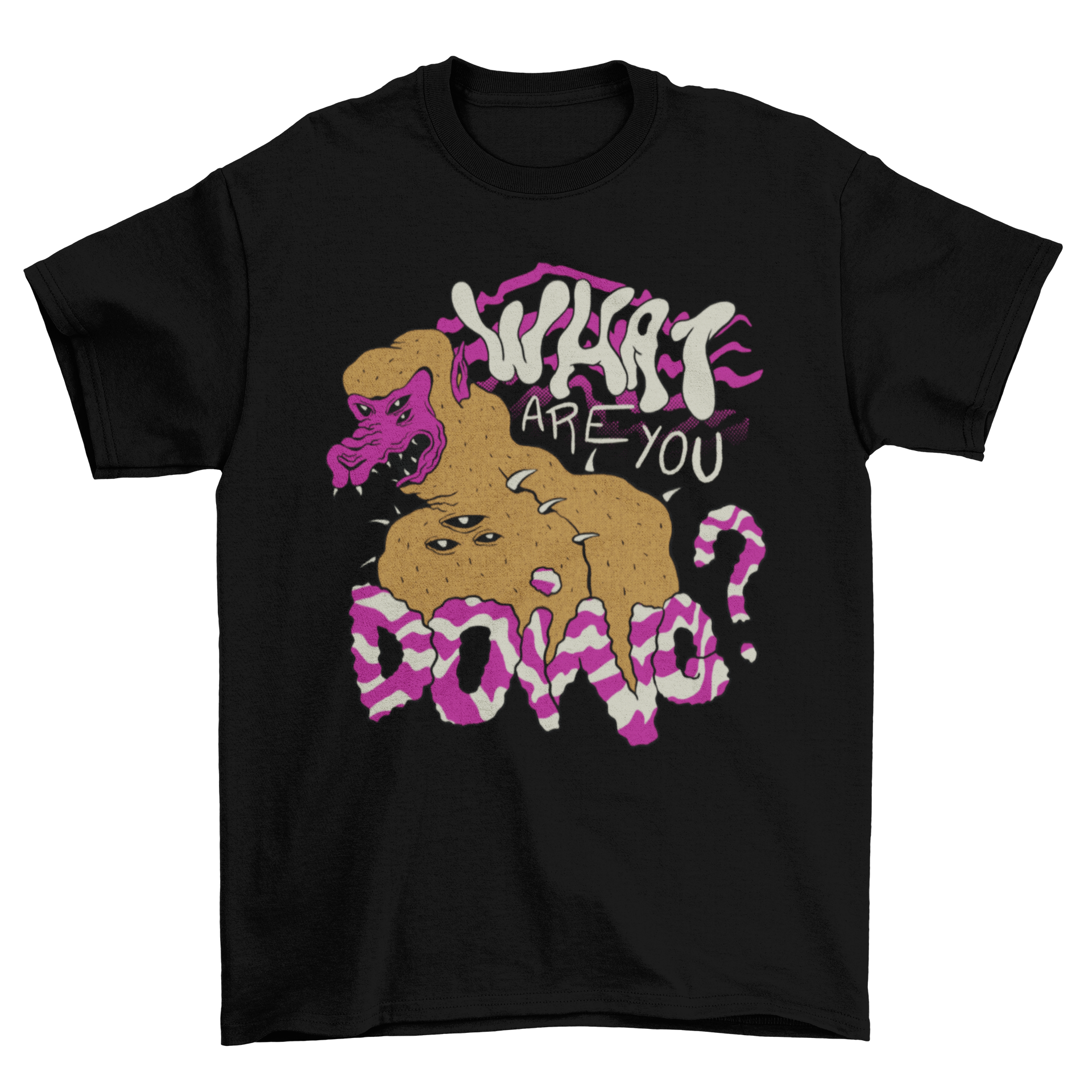 Creepy creature t-shirt featuring a trippy design and the quote 'What are you doing?' in vibrant colors.