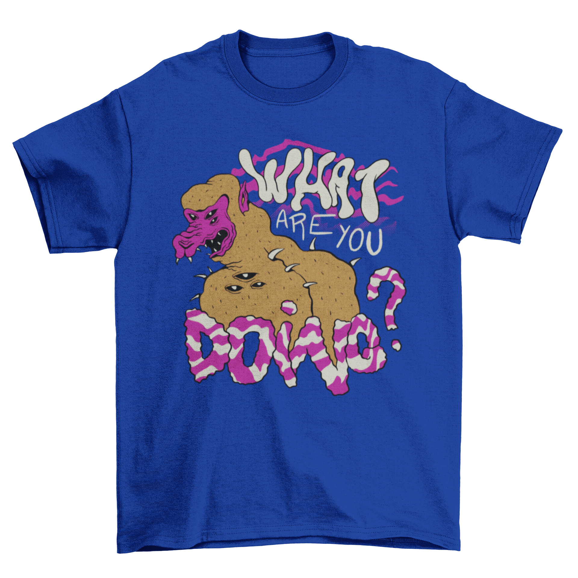 Creepy creature t-shirt featuring a trippy design and the quote 'What are you doing?' in vibrant colors.