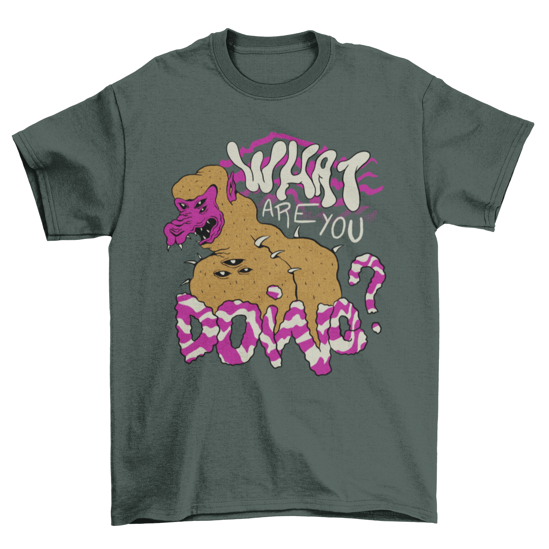 Creepy creature t-shirt featuring a trippy design and the quote 'What are you doing?' in vibrant colors.