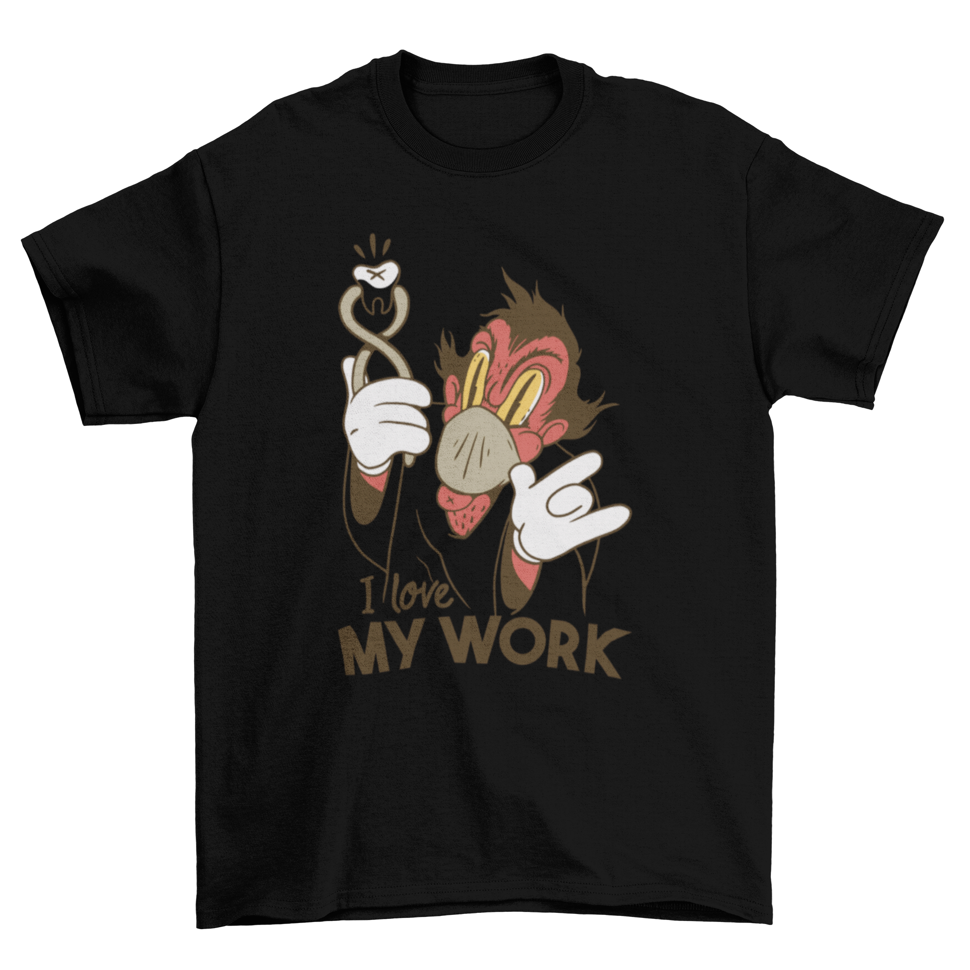 Creepy dentist t-shirt featuring a cartoon demon dentist with a sinister smile and the caption 'I love my work'.