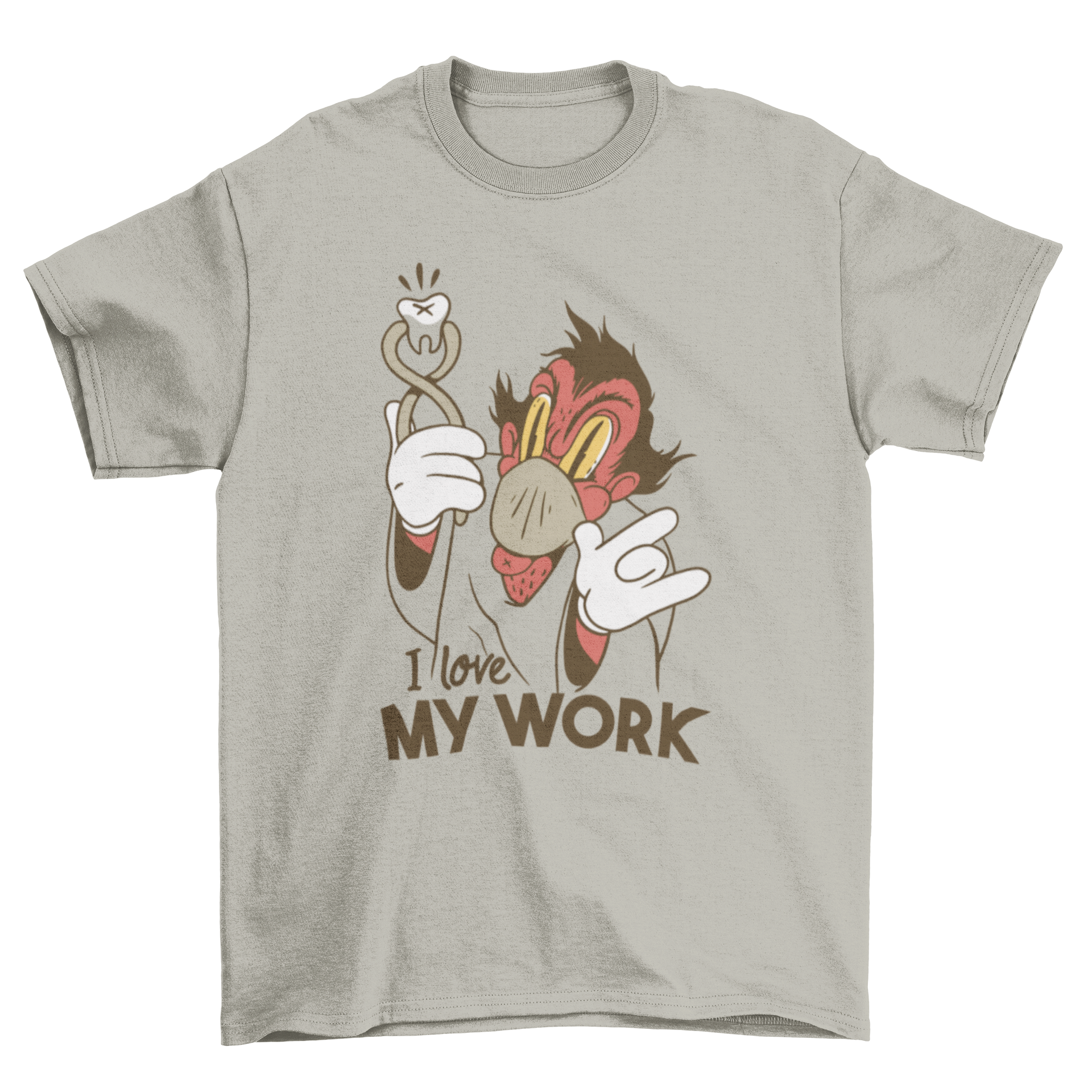 Creepy dentist t-shirt featuring a cartoon demon dentist with a sinister smile and the caption 'I love my work'.