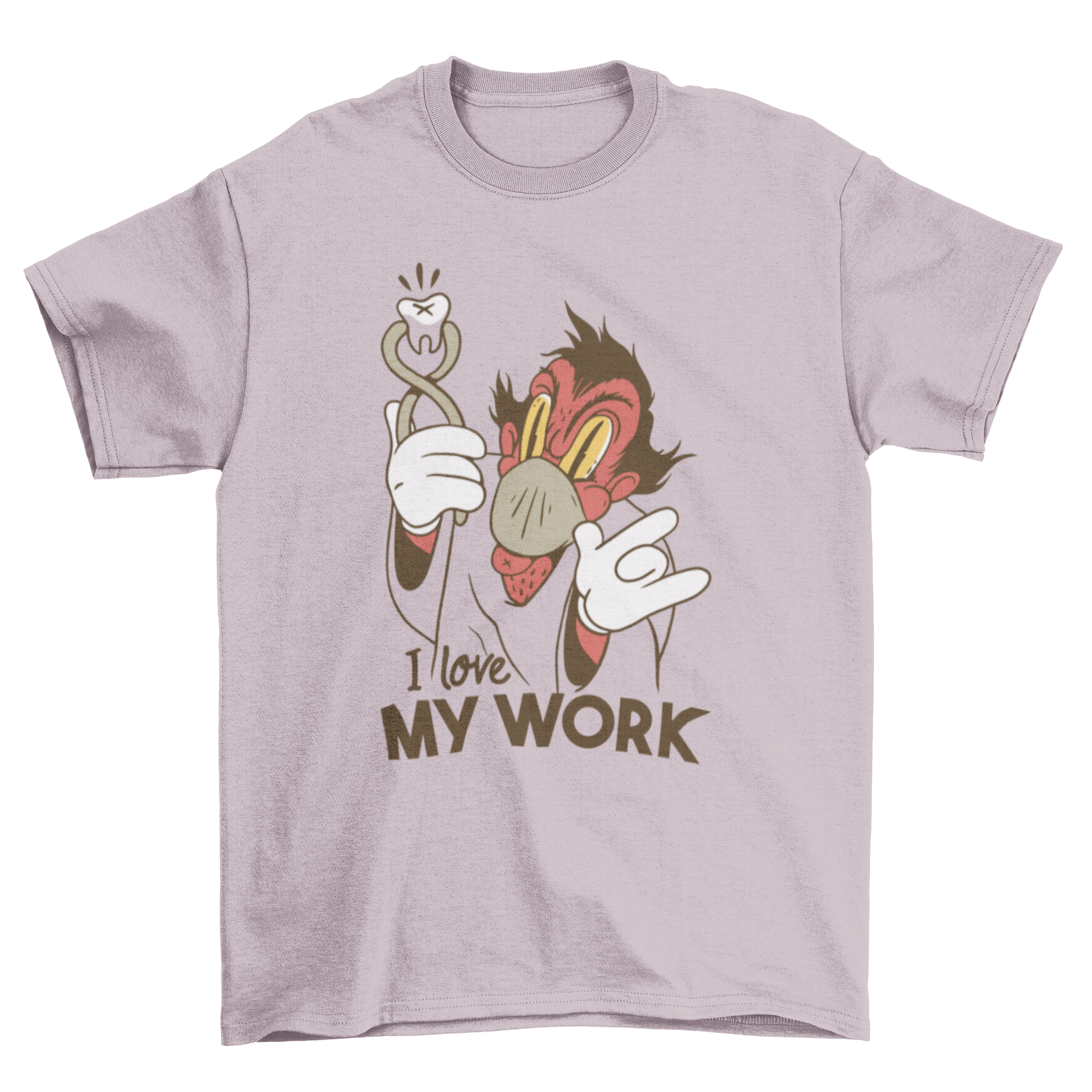 Creepy dentist t-shirt featuring a cartoon demon dentist with a sinister smile and the caption 'I love my work'.