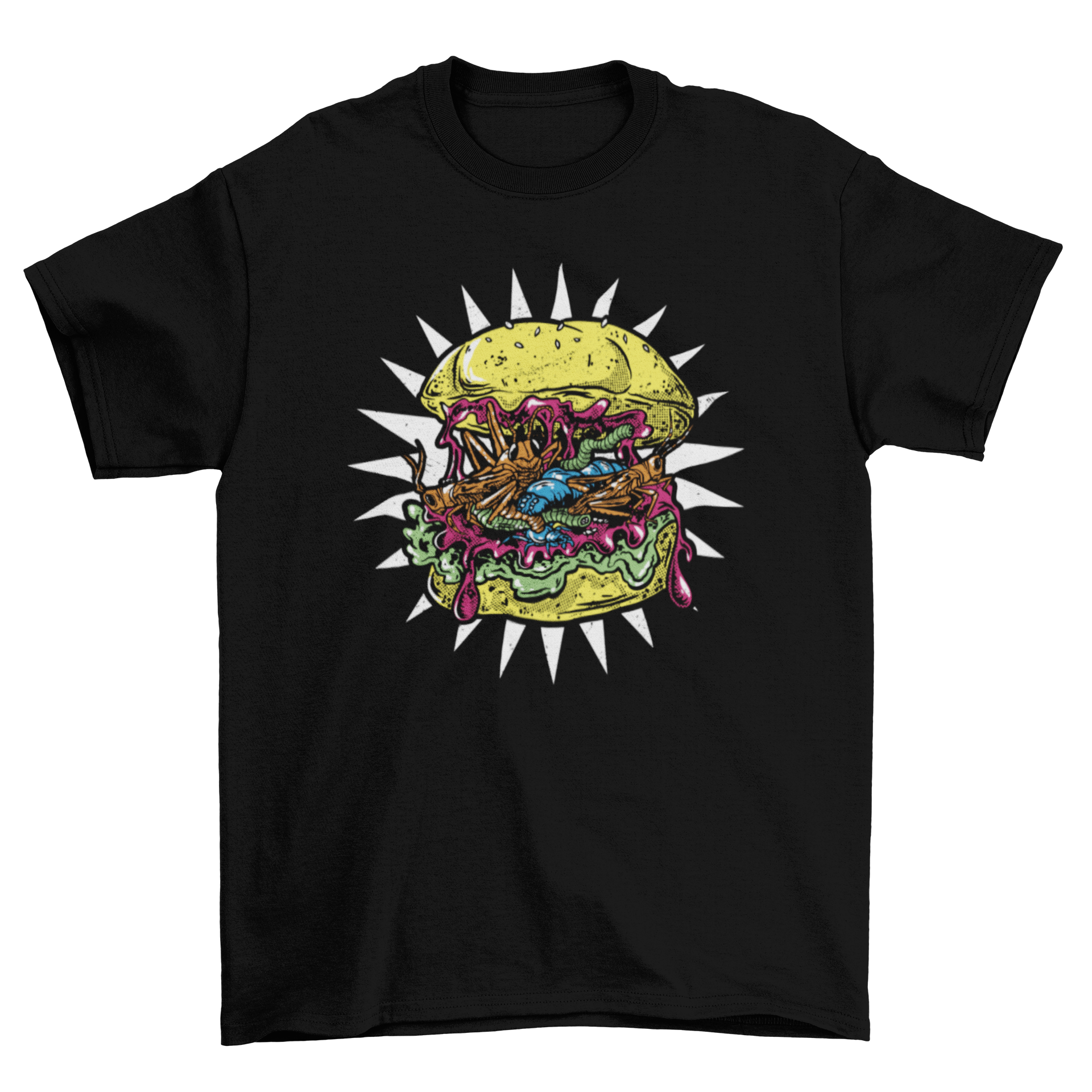 A colorful t-shirt featuring a surreal insect burger design, perfect for unique fashion lovers.